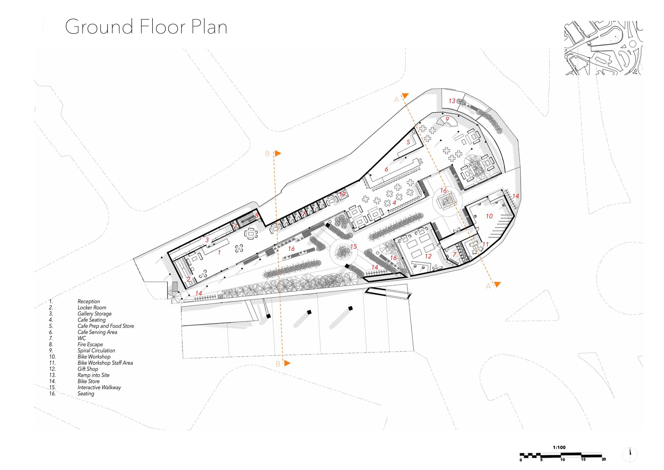 Solaris ground floor plan by Hinal Gosai showing cycle routes, gallery and mezzanine layout