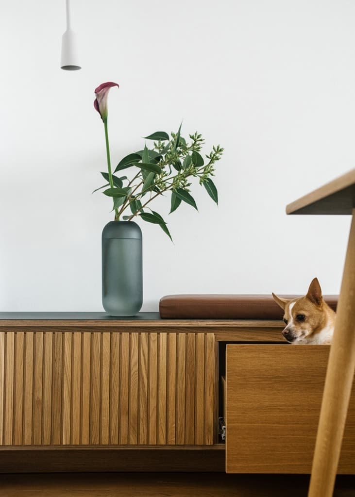 Minimalist interior with a wooden sideboard, black vase, and a Chihuahua in an open drawer.