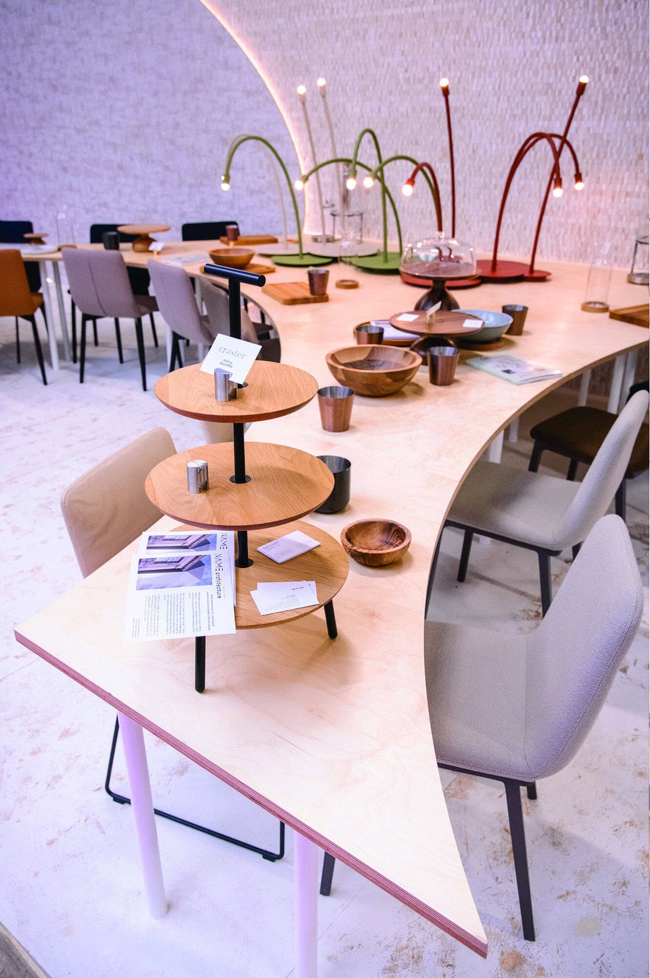 Installed dining tables within the interior.