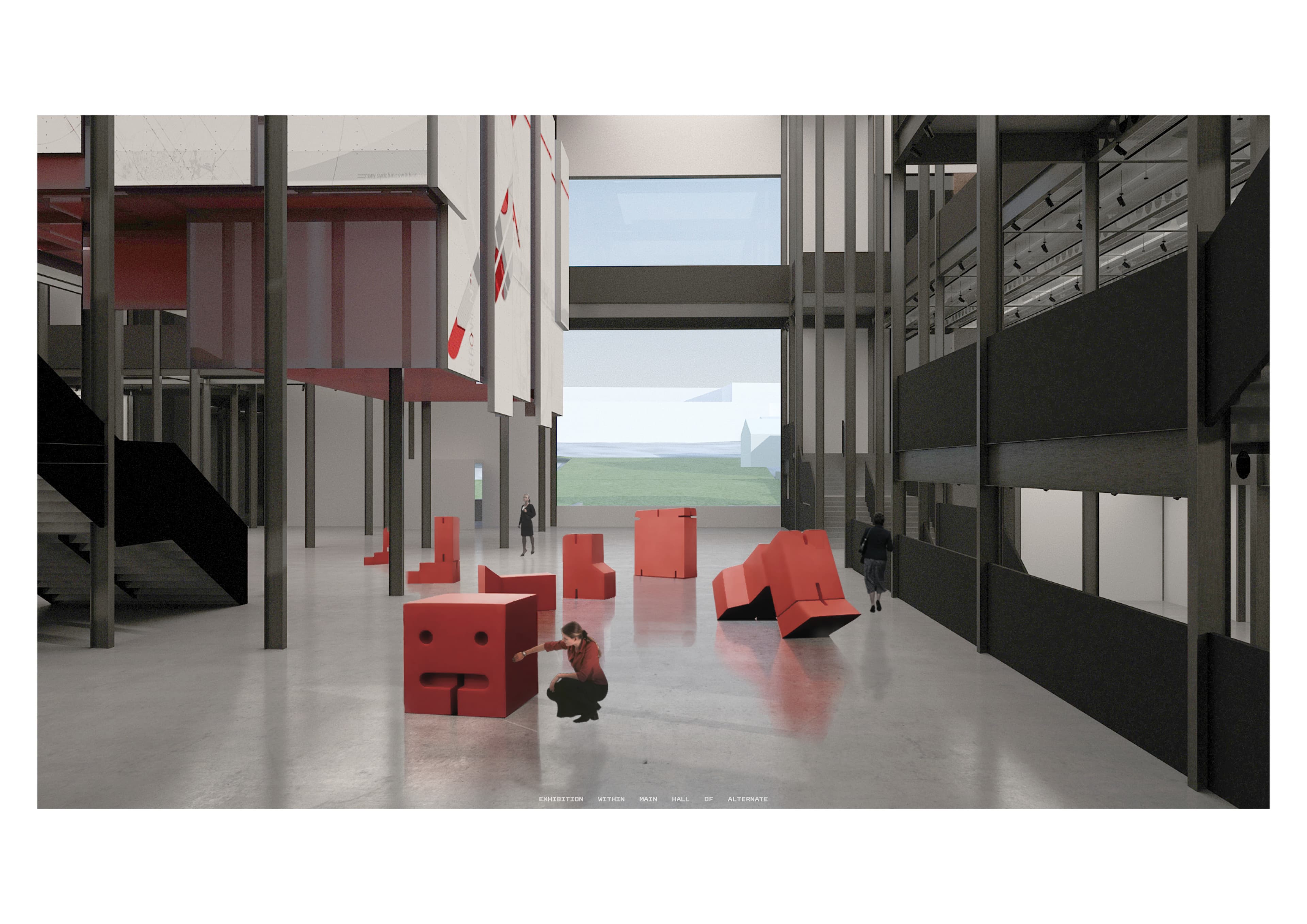 Visualisation: double-height industrial hall with red display structures and an upper walkway.