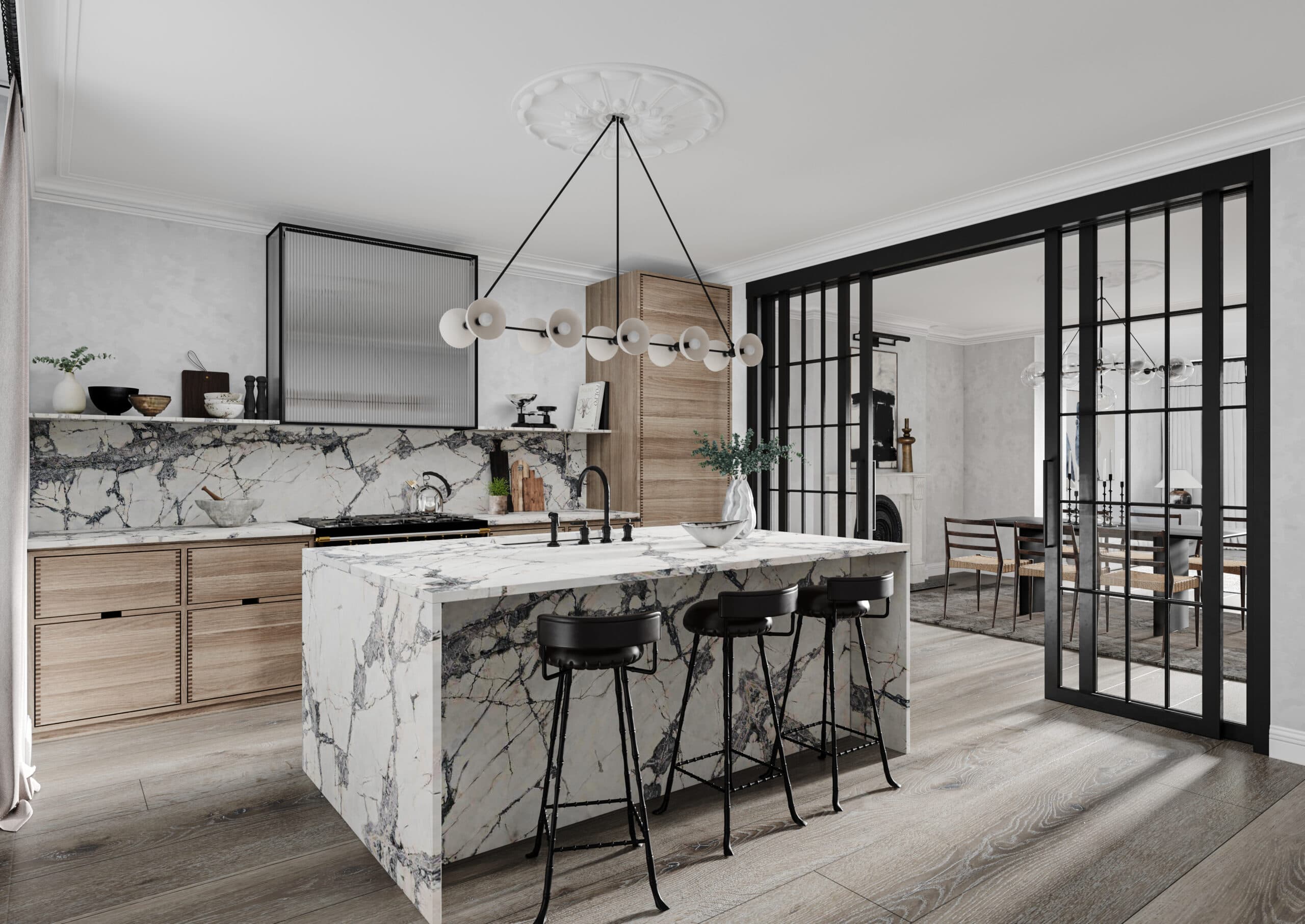 Kitchen with a marble island.
