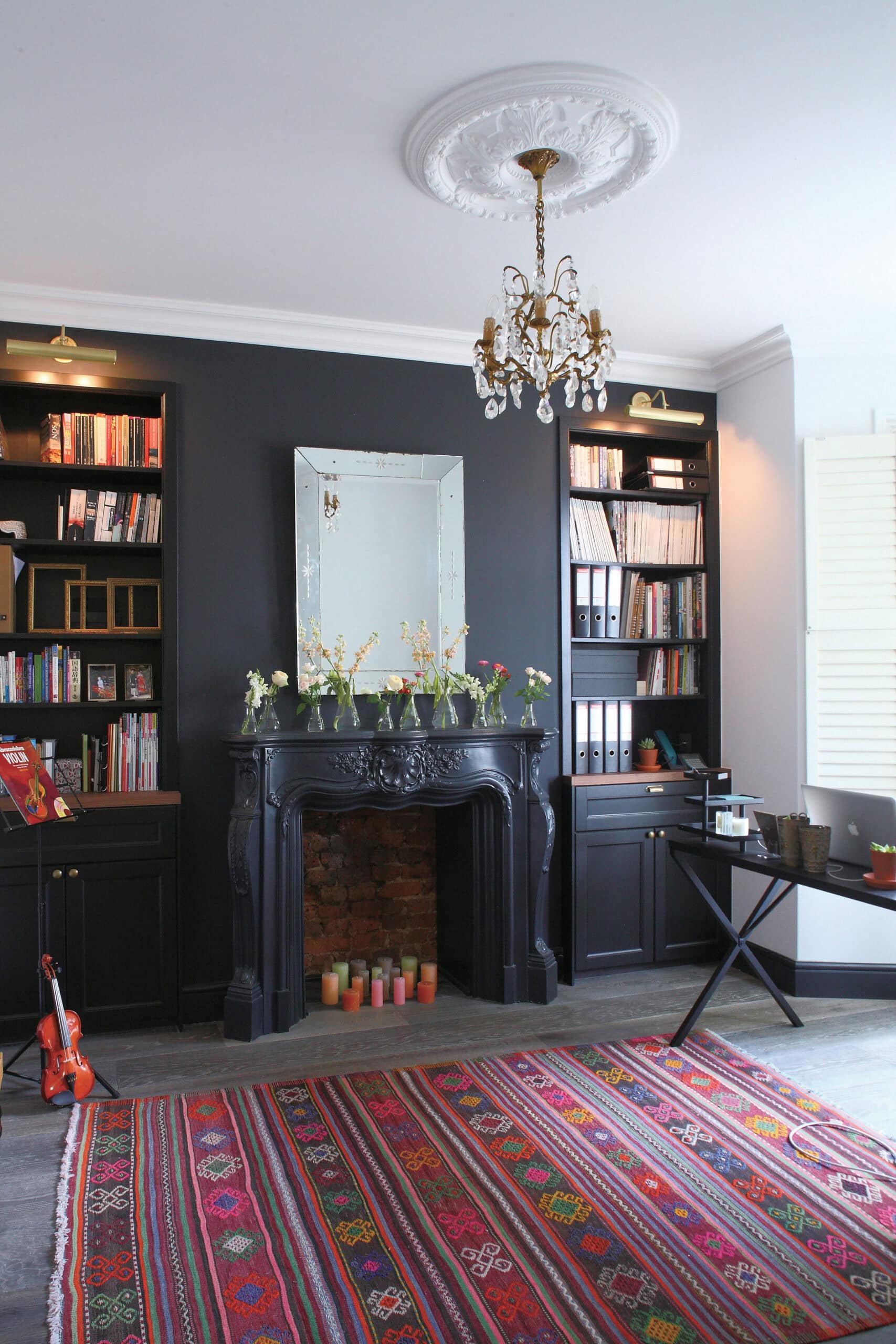 Period library with built-in bookshelves.