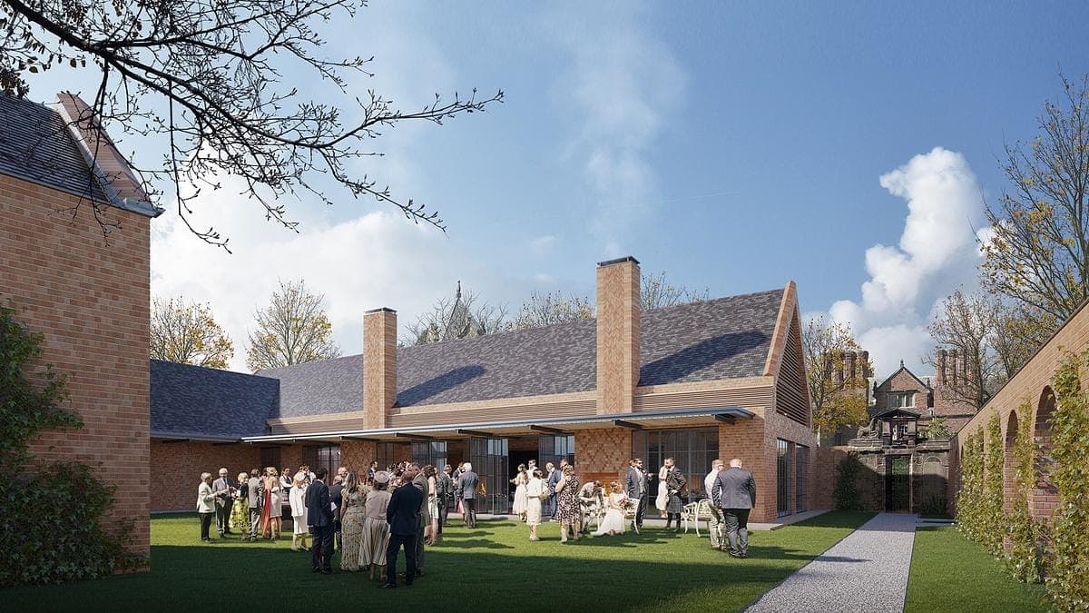 Visualisation: cGI of the L-shaped venue building exterior at a Grade I listed estate in Cheshire, designed by Woldon