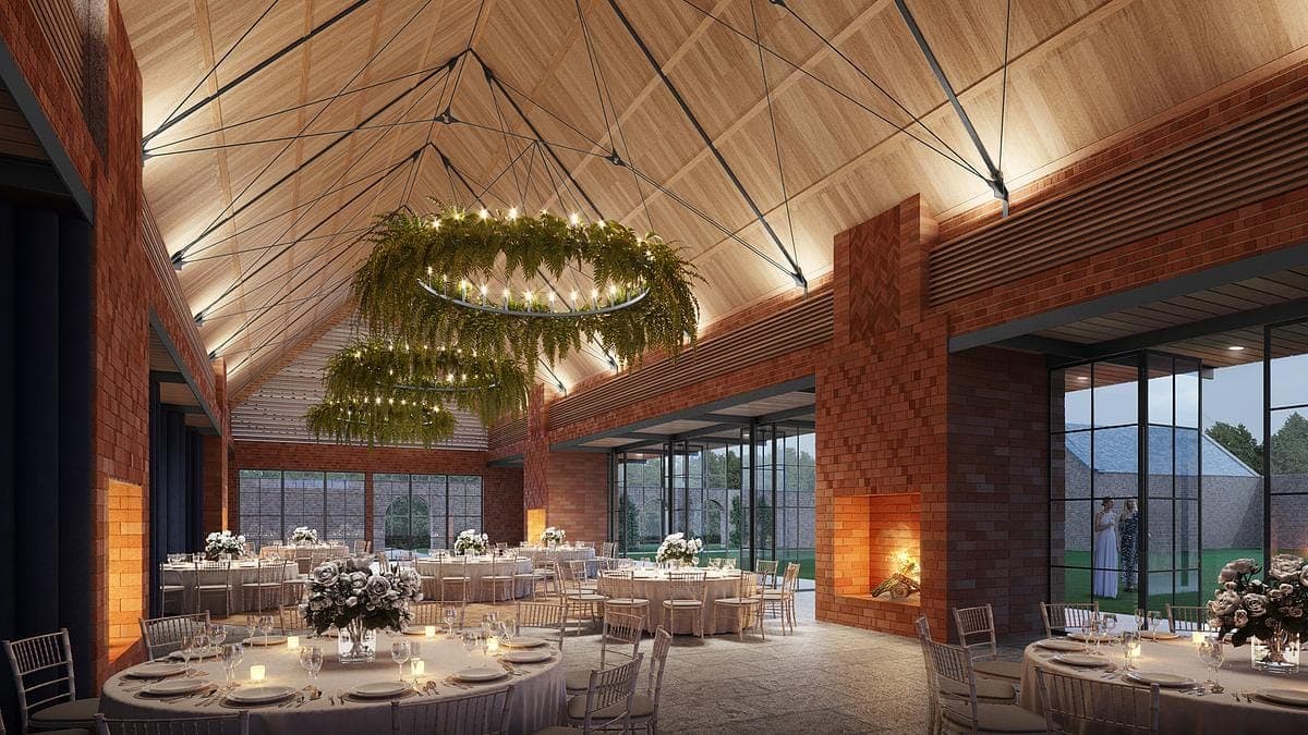 Visualisation: cGI of the new venue building interior with metal framed glazing at a Grade I listed estate in Cheshire, designed by Woldon