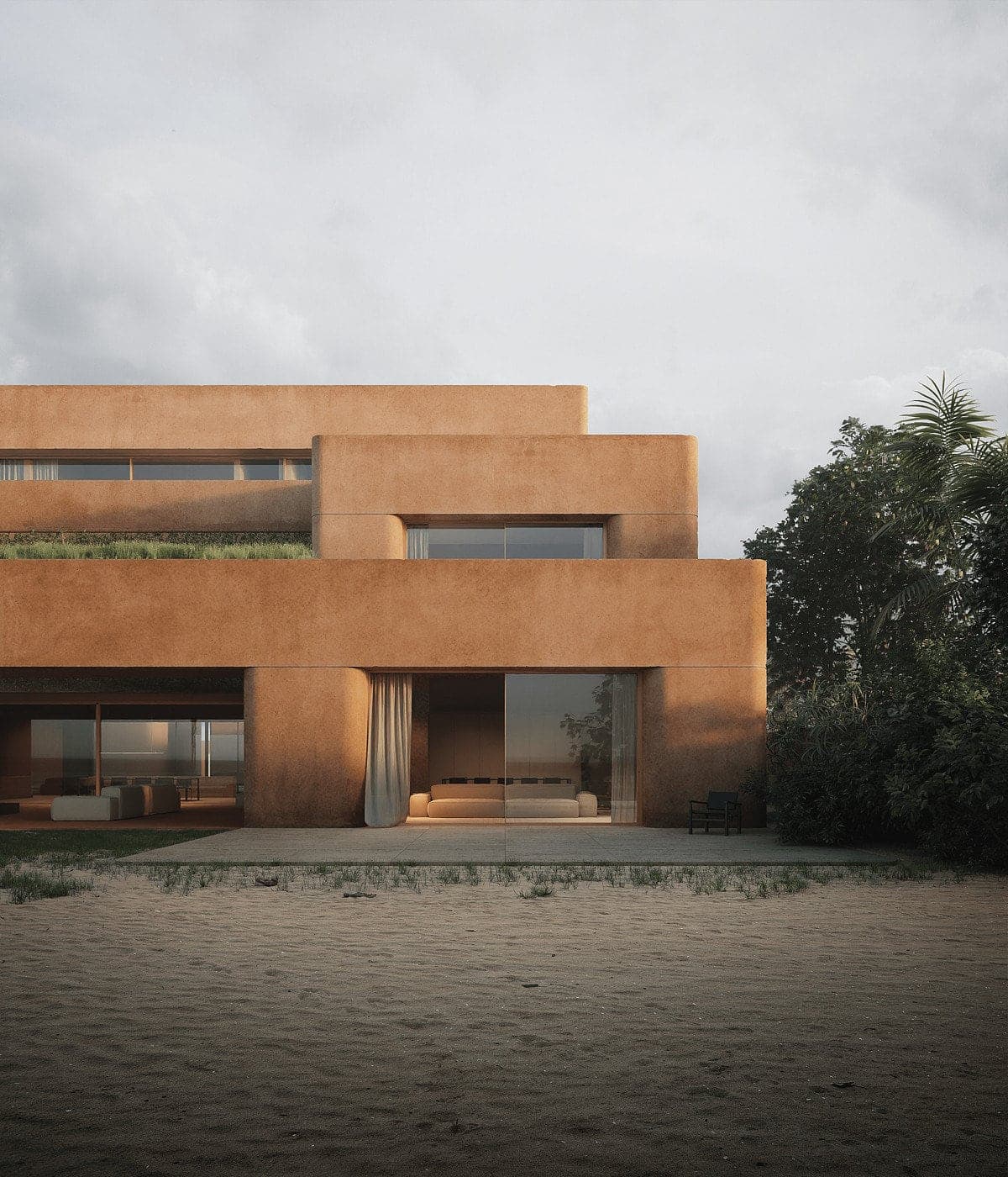 Visualisation: modern earthy-toned home with minimalist design, large windows, and lush outdoor integration.