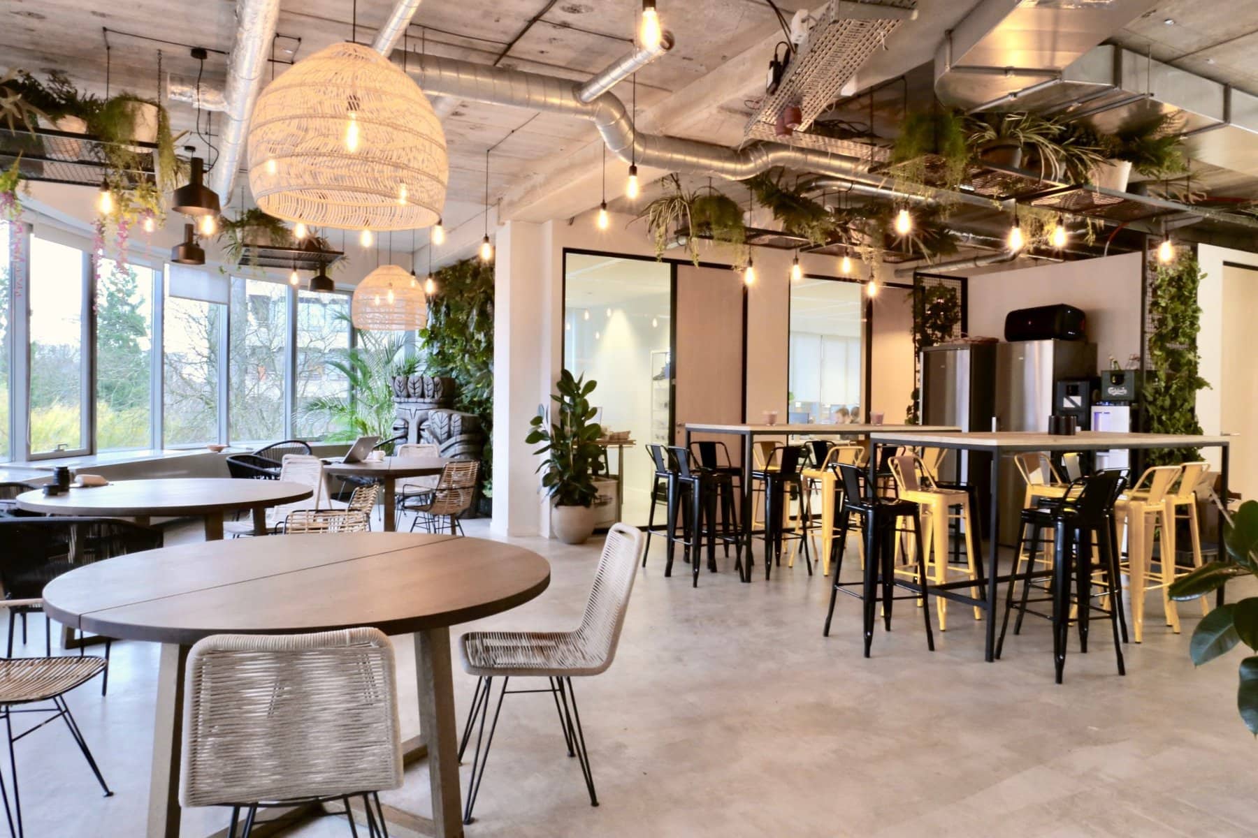 Modern co-working space with natural light, greenery, and diverse seating options for collaborative work.