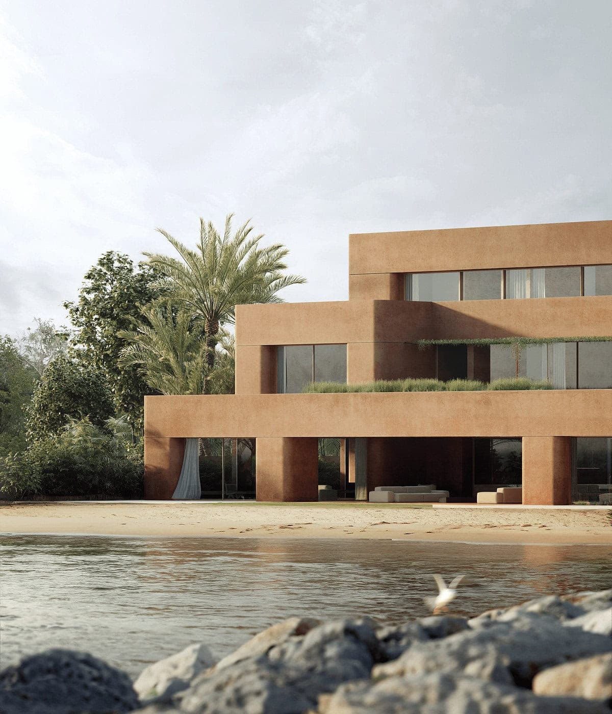 Visualisation: contemporary beachfront home with stunning views, lush landscapes, and seamless outdoor living.