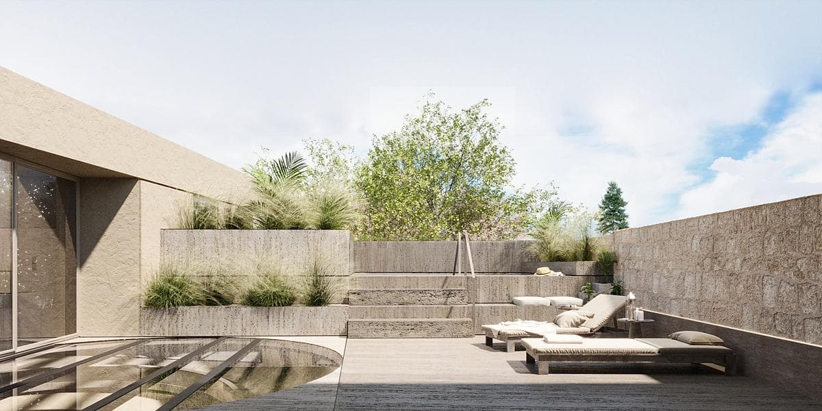 Visualisation: minimalist outdoor terrace with serene lounge area and lush greenery for relaxation.