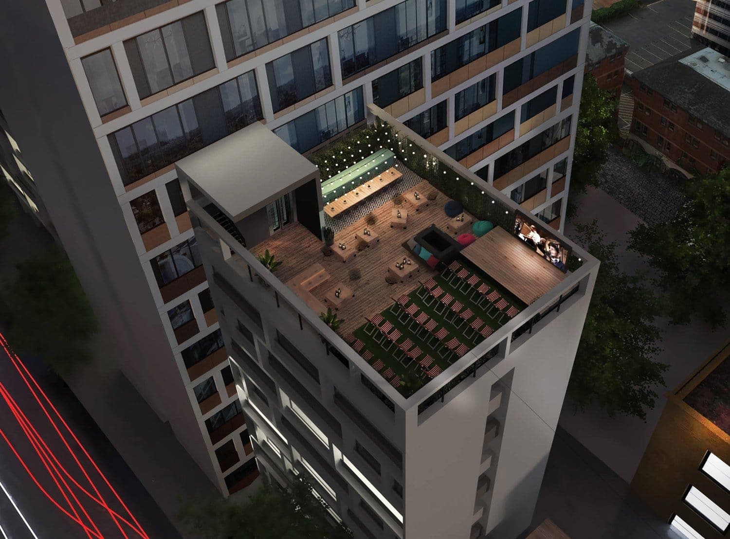 Visualisation: aerial view of a modern rooftop terrace at night with seating, greenery, and cityscape.