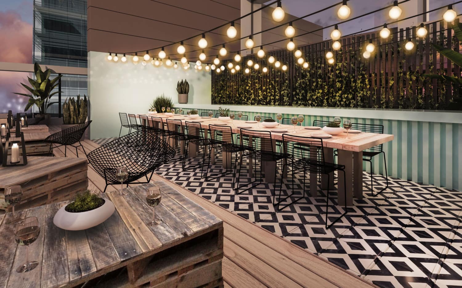 Visualisation: rooftop terrace dining area with Edison bulbs, geometric tiles, and cityscape view at dusk.