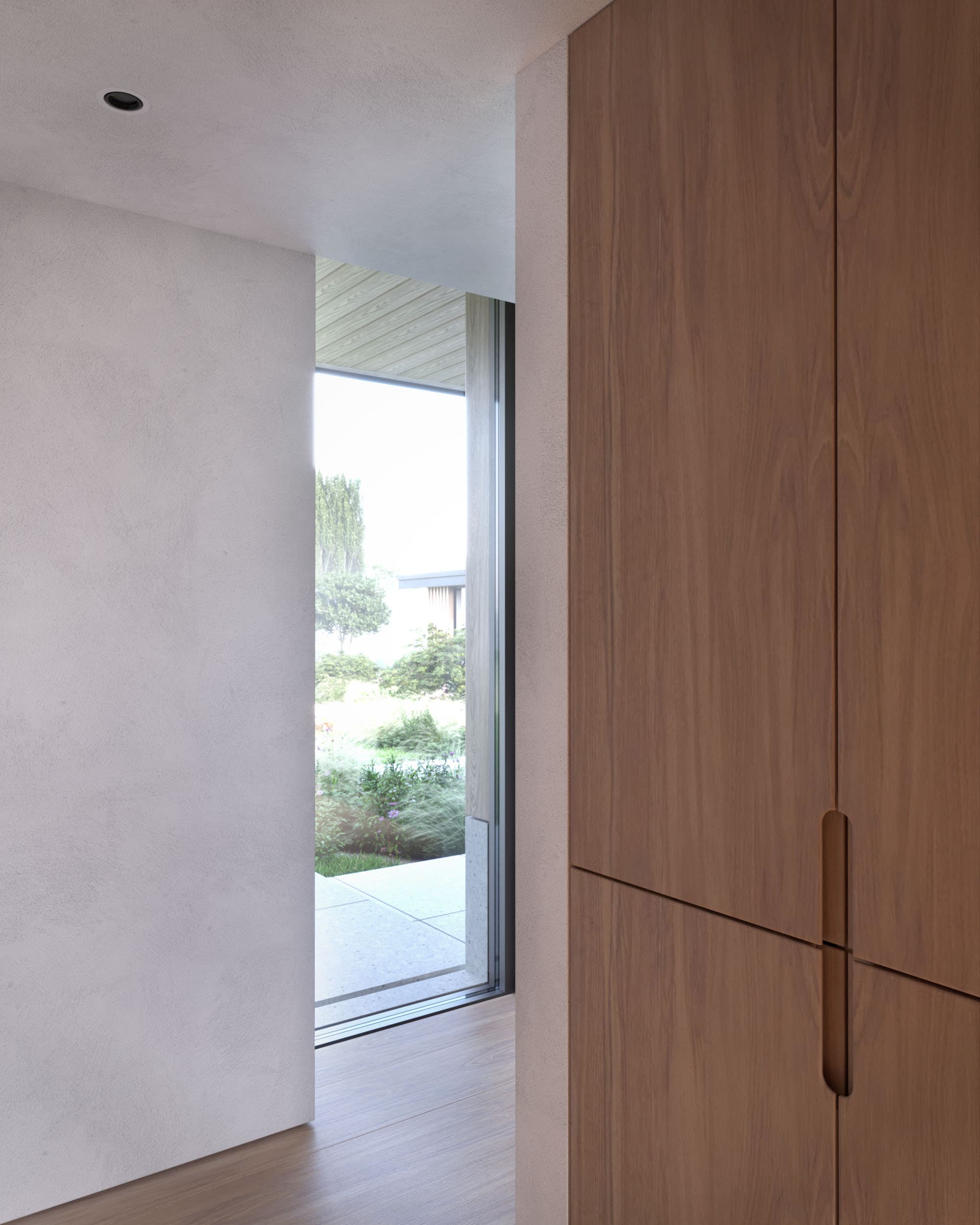 Visualisation of a timber-lined doorway and framed garden view