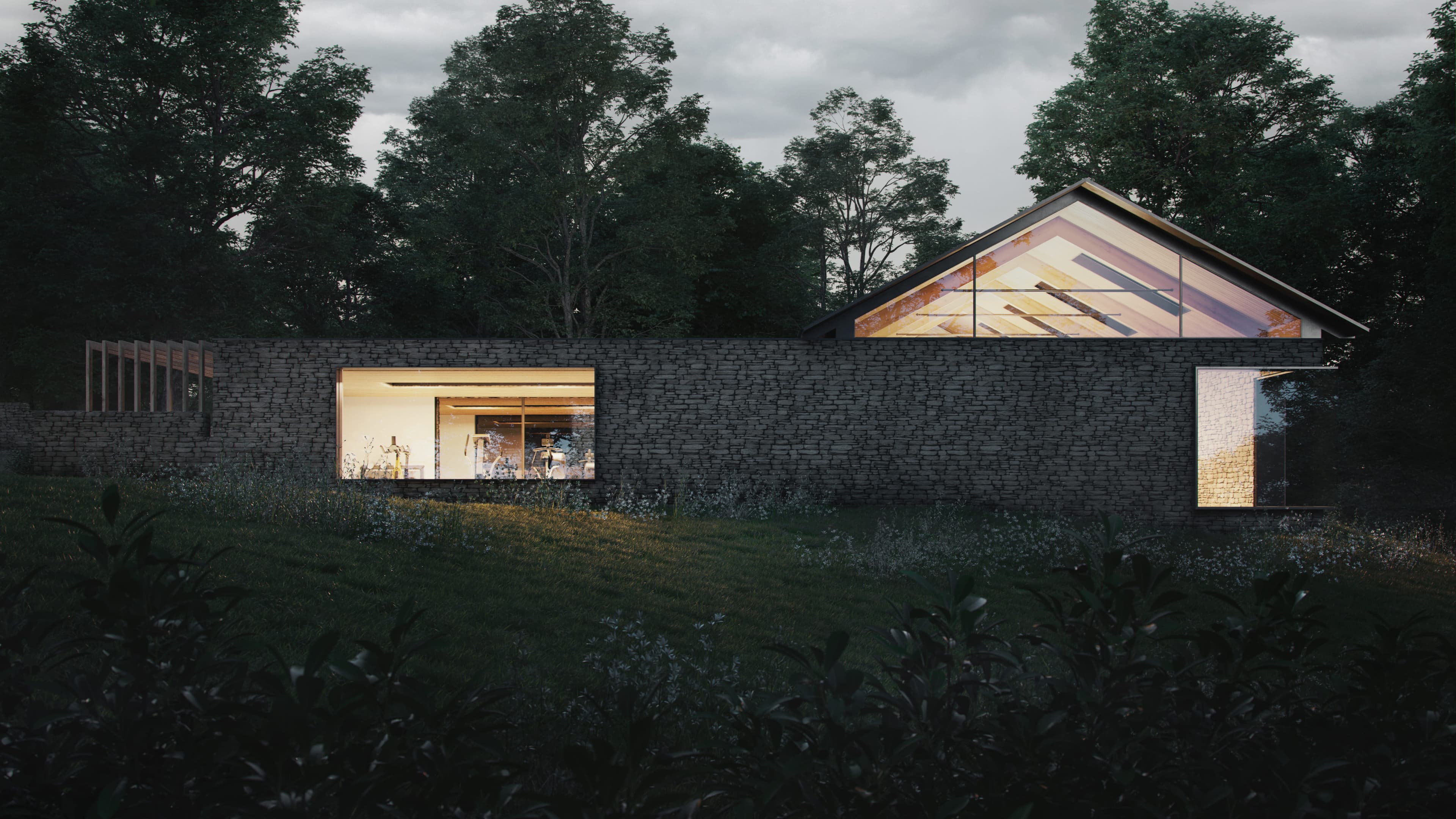 Dusk visualisation of the stone-clad courtyard elevation