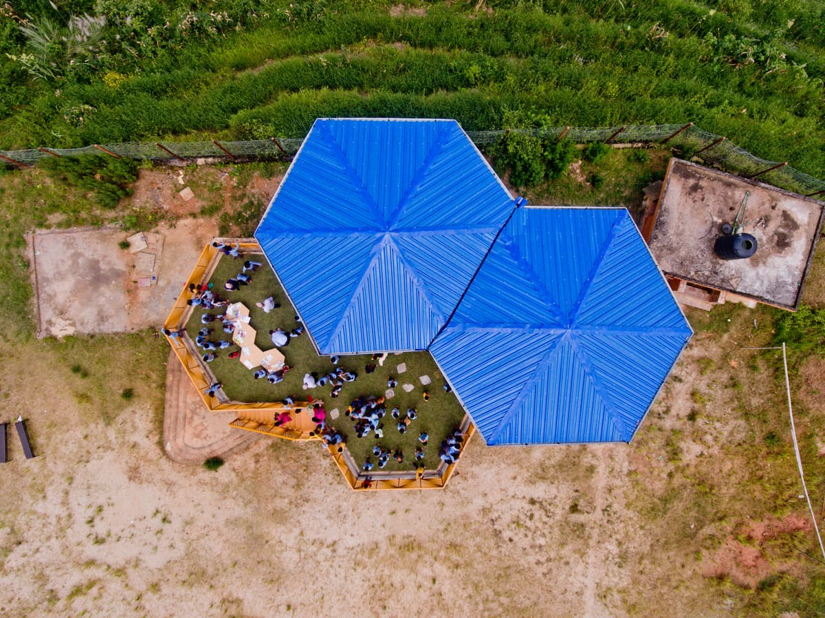 An aerial view reveals the hexagonal rooms and planted outdoor roof.
