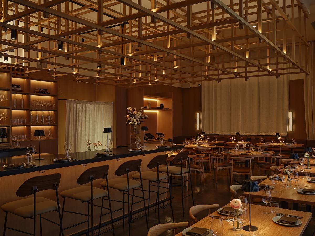 Café counter and tables in the evening