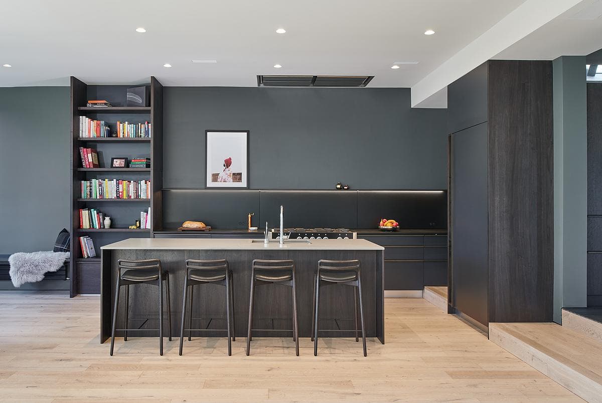 Front view of the kitchen island and built-in shelving