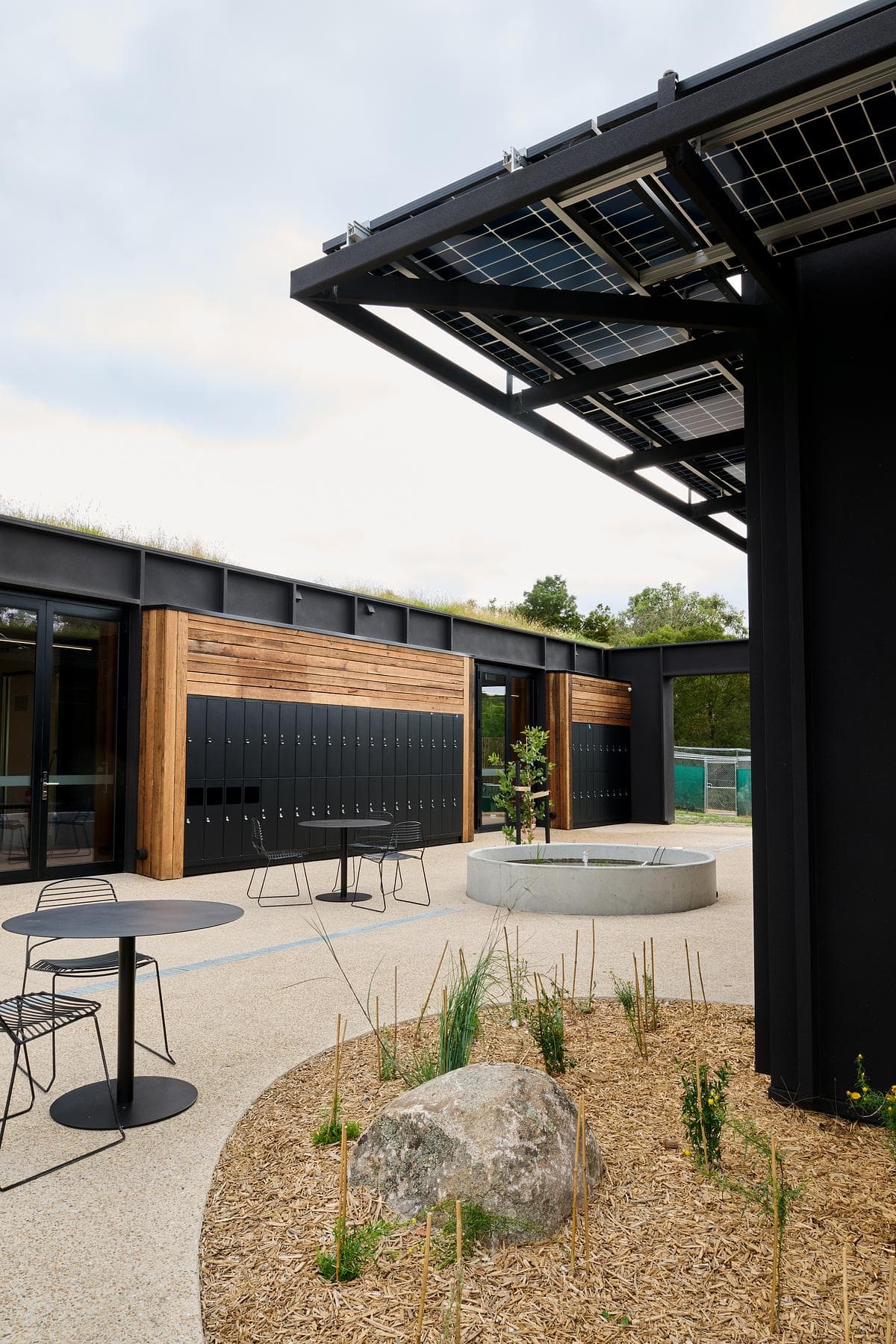 Solar pergola shading the outdoor learning court.
