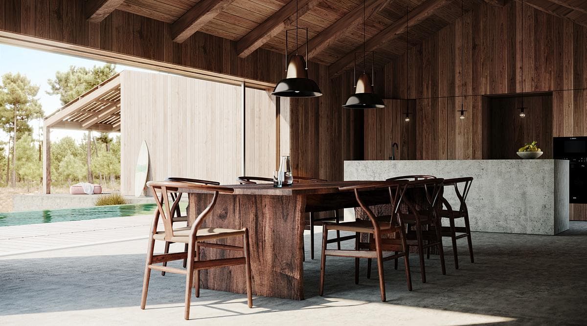 Visualisation of the shared kitchen and dining space beside the pool.