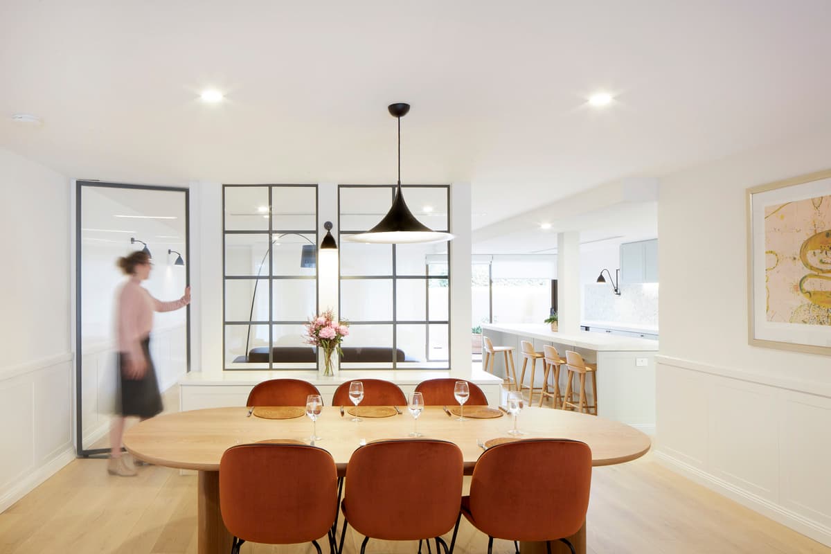 The dining area links the living room and kitchen.