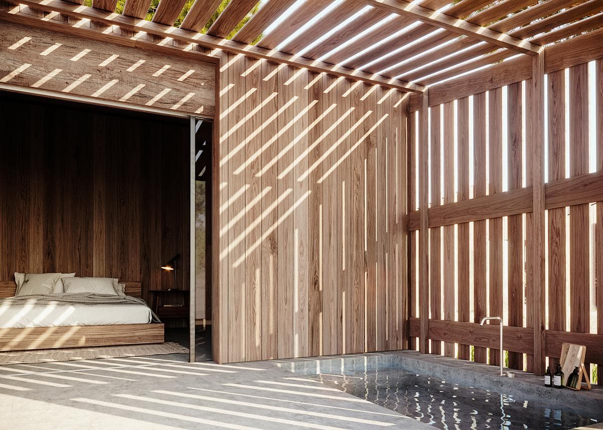 Visualisation of a bedroom opening to a screened timber terrace.