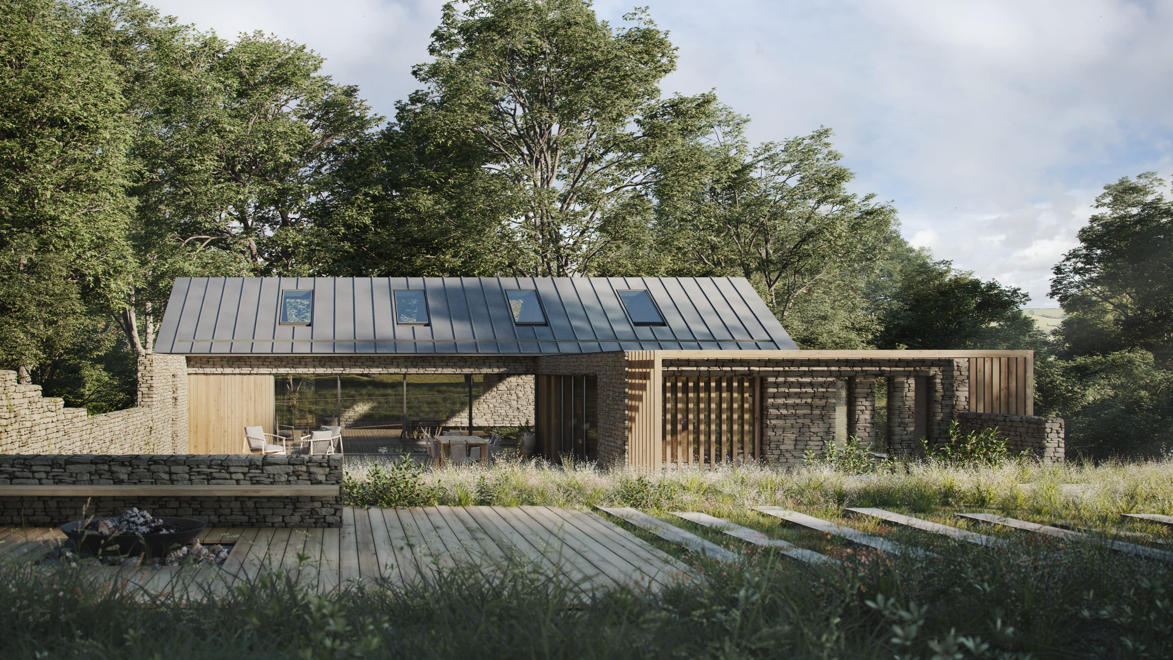 Visualisation of the pool-house proposal within the landscaped grounds