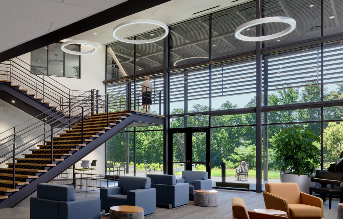 The Center at Belvedere: atrium seating and main staircase