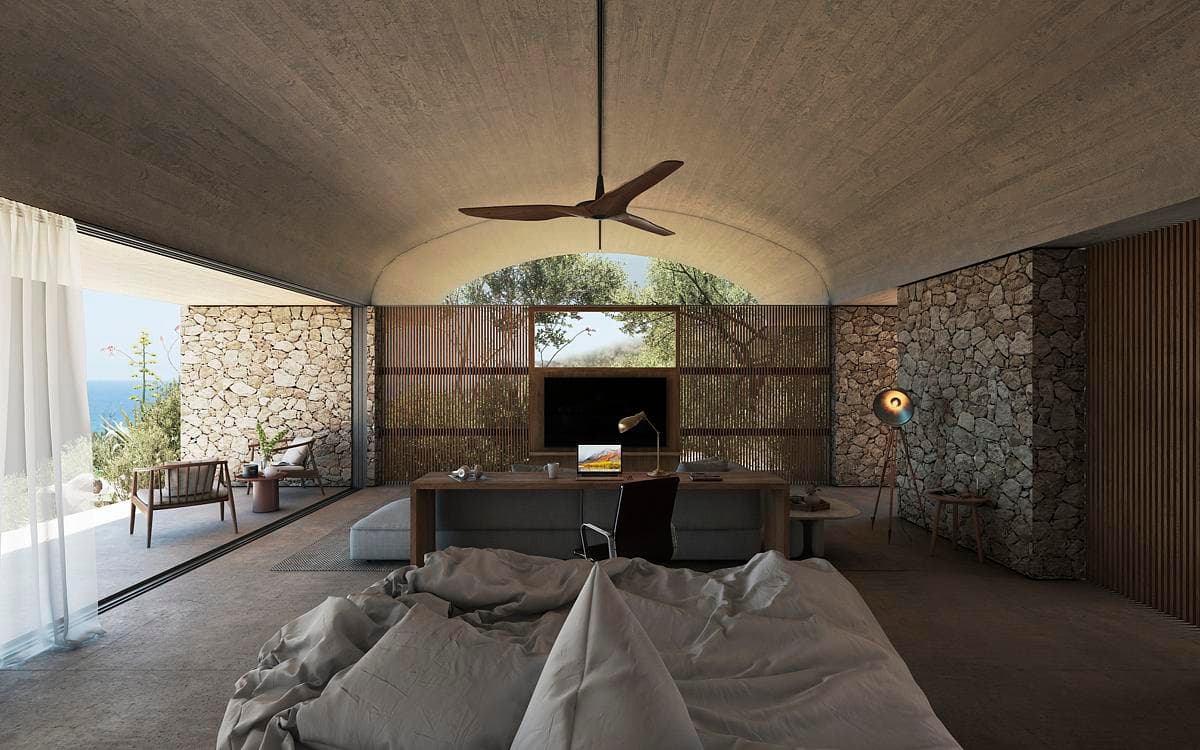 Concept visualisation: a vaulted interior with stone walls.