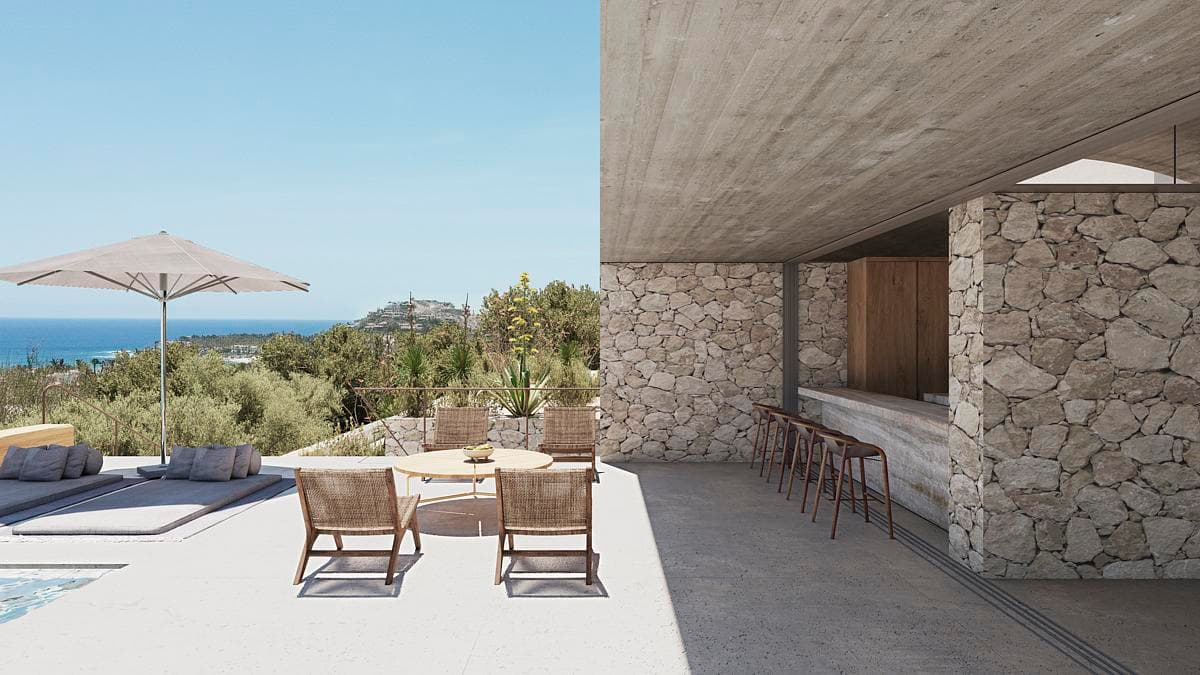 Concept visualisation: outdoor dining beneath the proposed concrete roof.