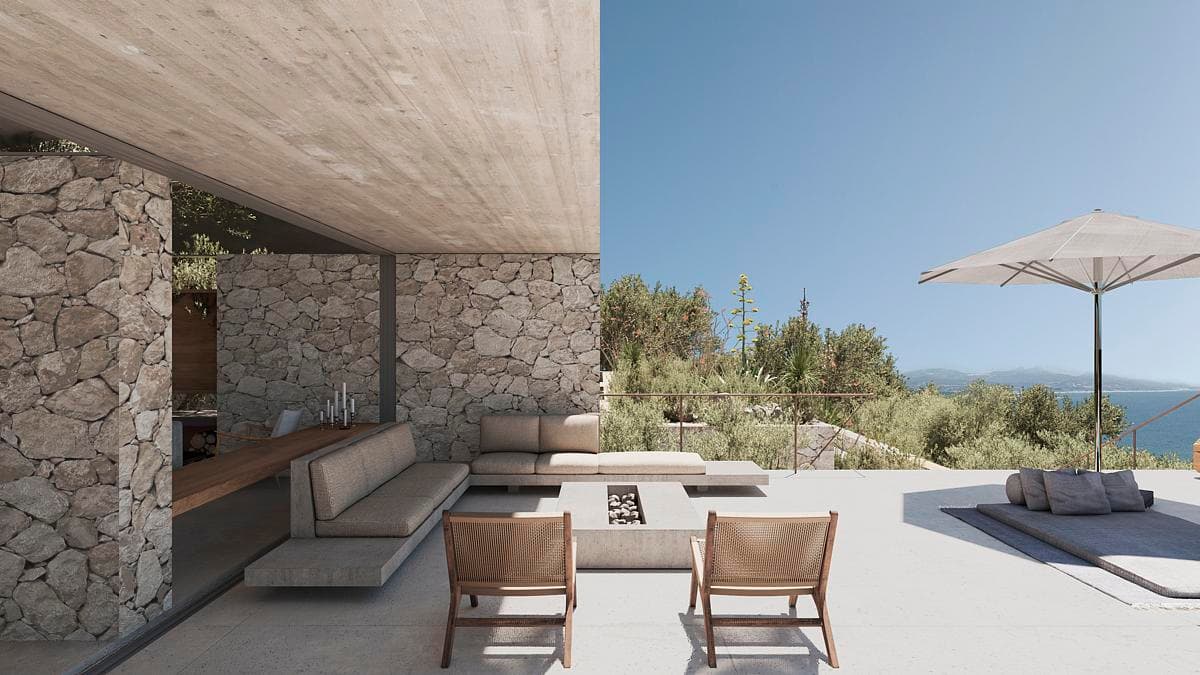 Concept visualisation: a sheltered sitting area opens towards the terrace.