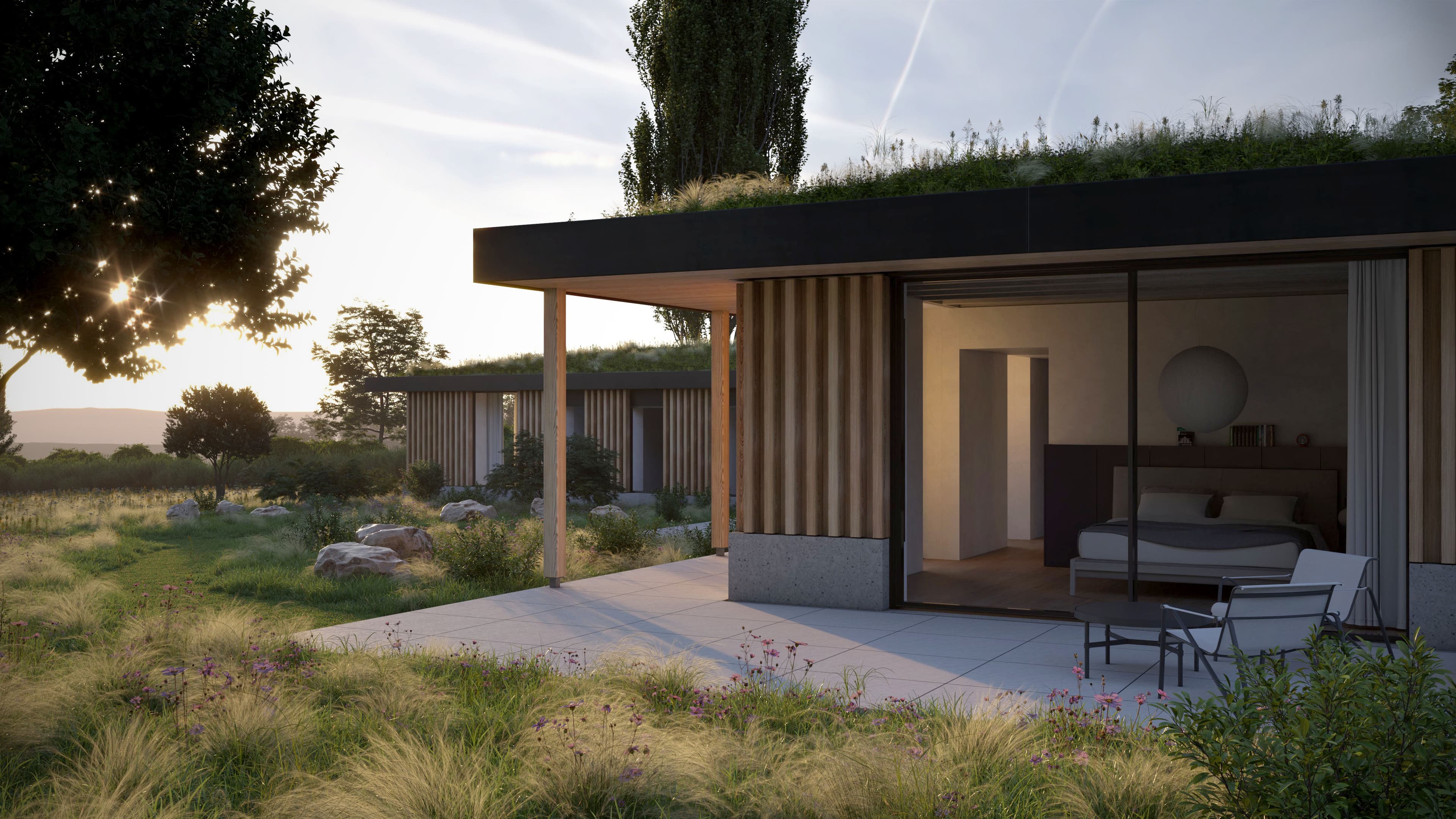 Visualisation of a sheltered terrace beneath the planted roof