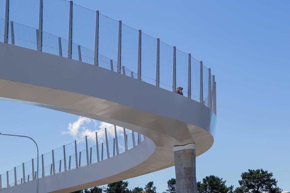 The curved steel deck seen from below.
