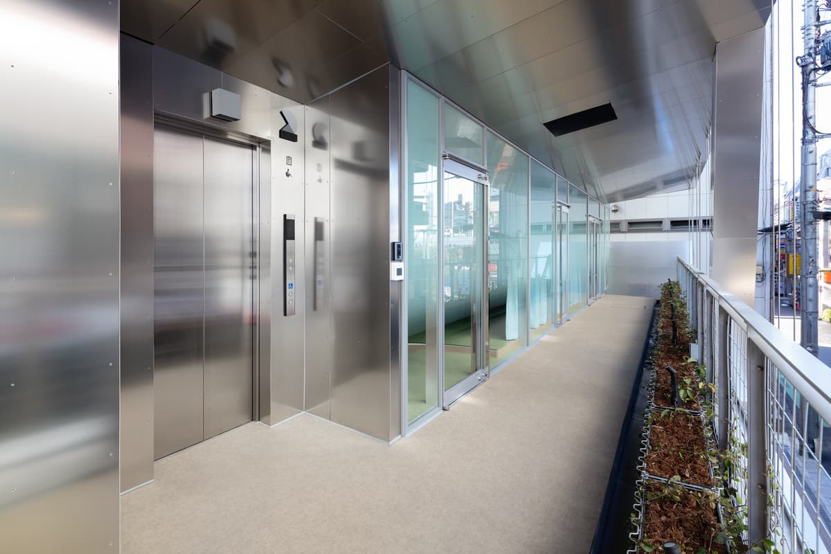 A sheltered metal-lined walkway beside the planted terrace