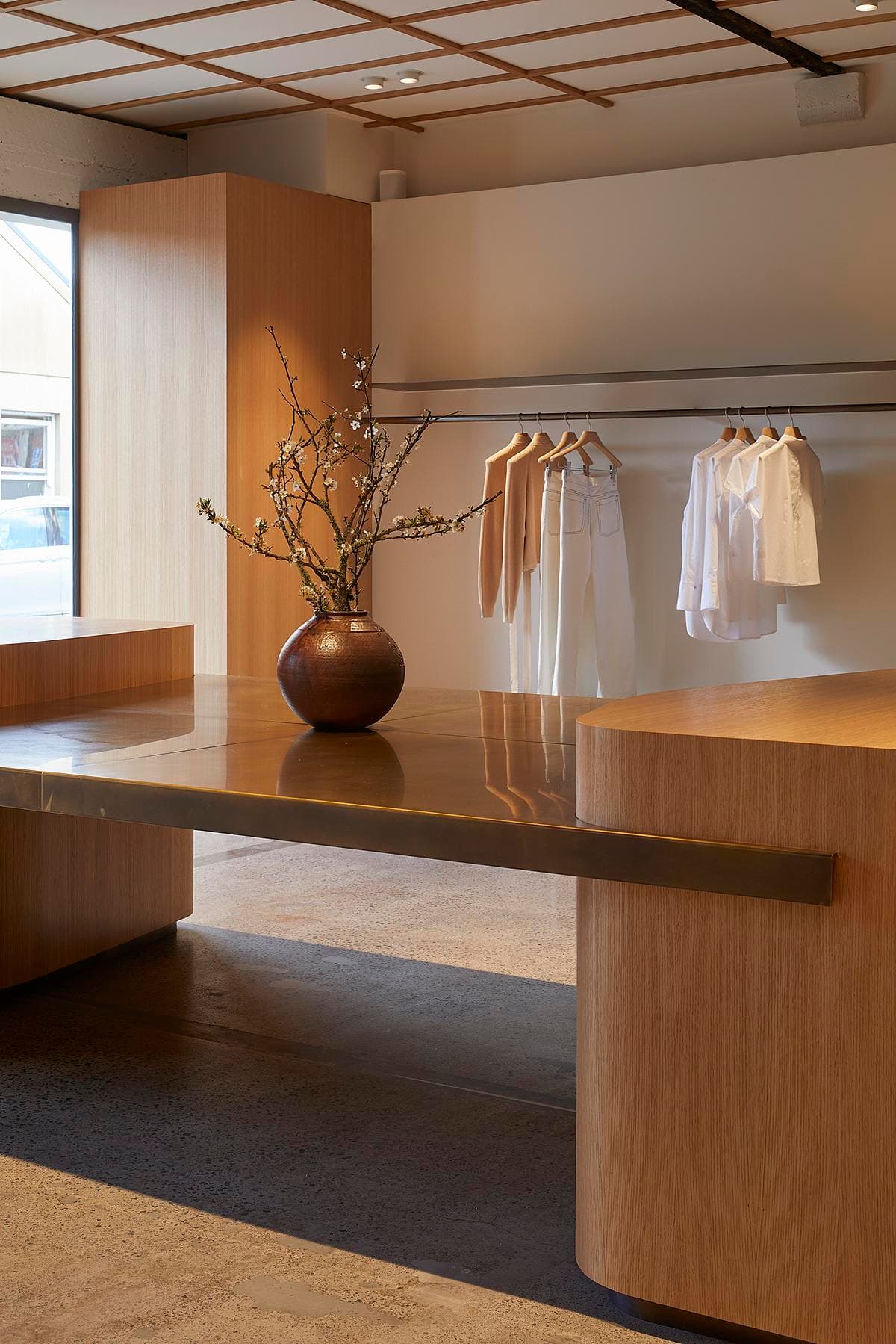 Display rails and oak joinery within the store