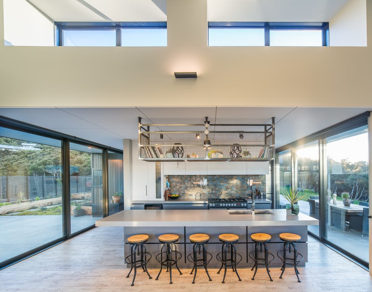 High-level windows bring light into the kitchen