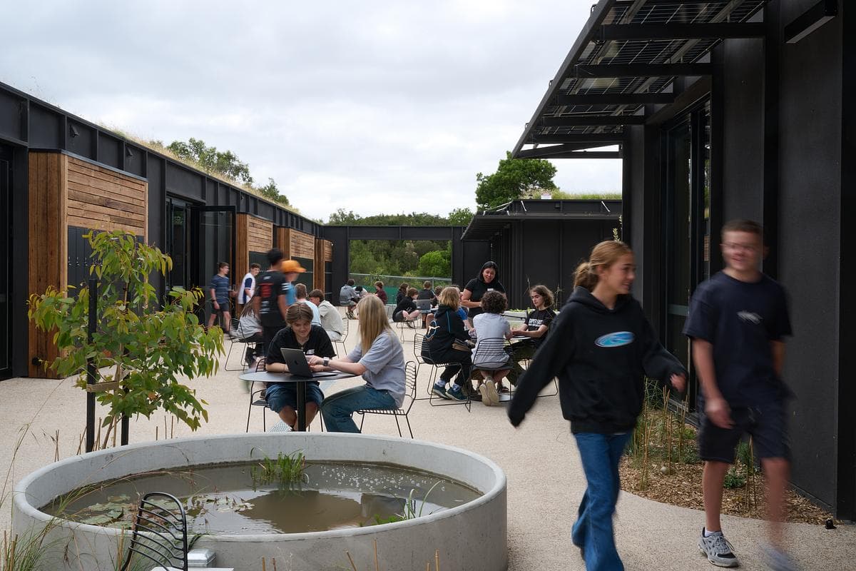 Courtyard learning area with an aquaponics tank