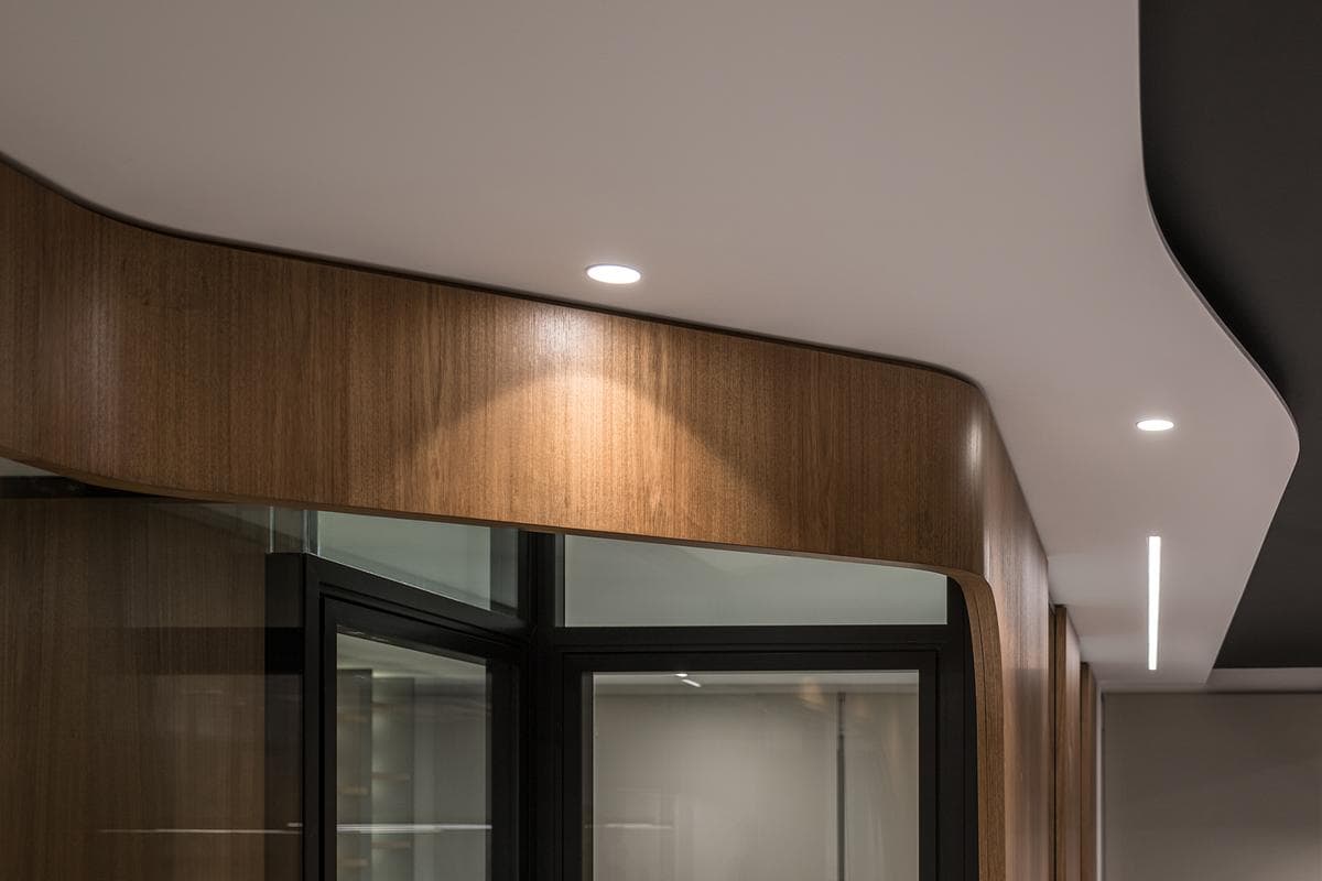The ceiling follows the curved edge of the timber partition.