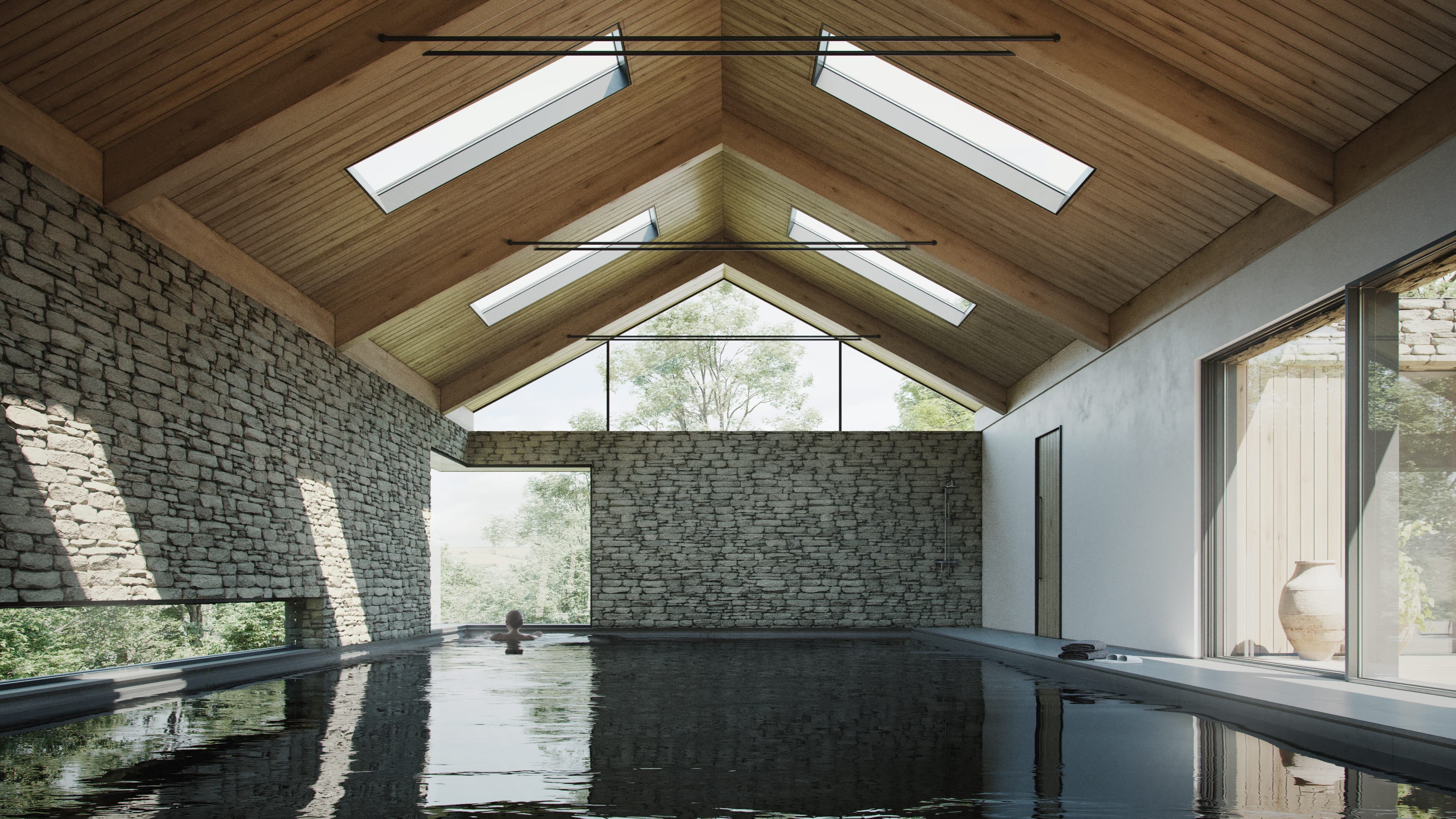 Visualisation of the pool beneath the pitched timber-lined roof