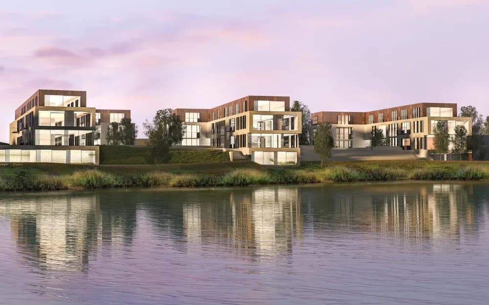 Architectural visualisation of the lakeside courtyard at Boxgrove Lane