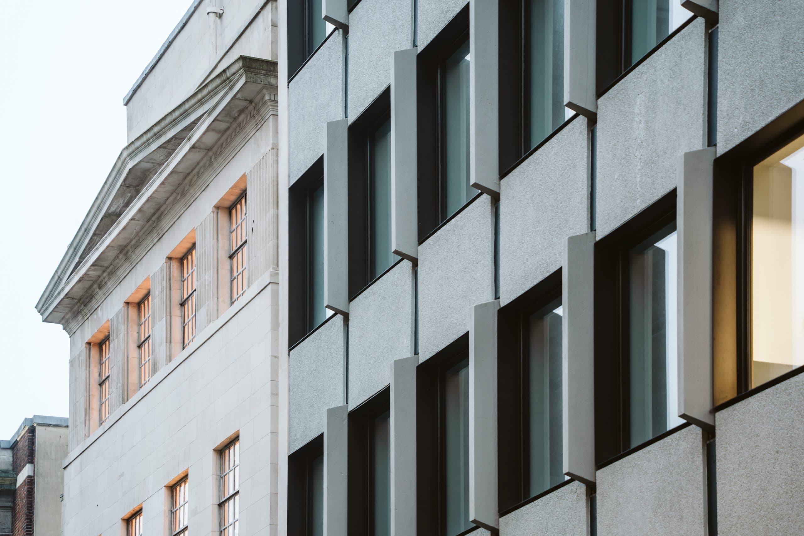 Restored facades at 41 Corn Street and Gilbert House, Bristol