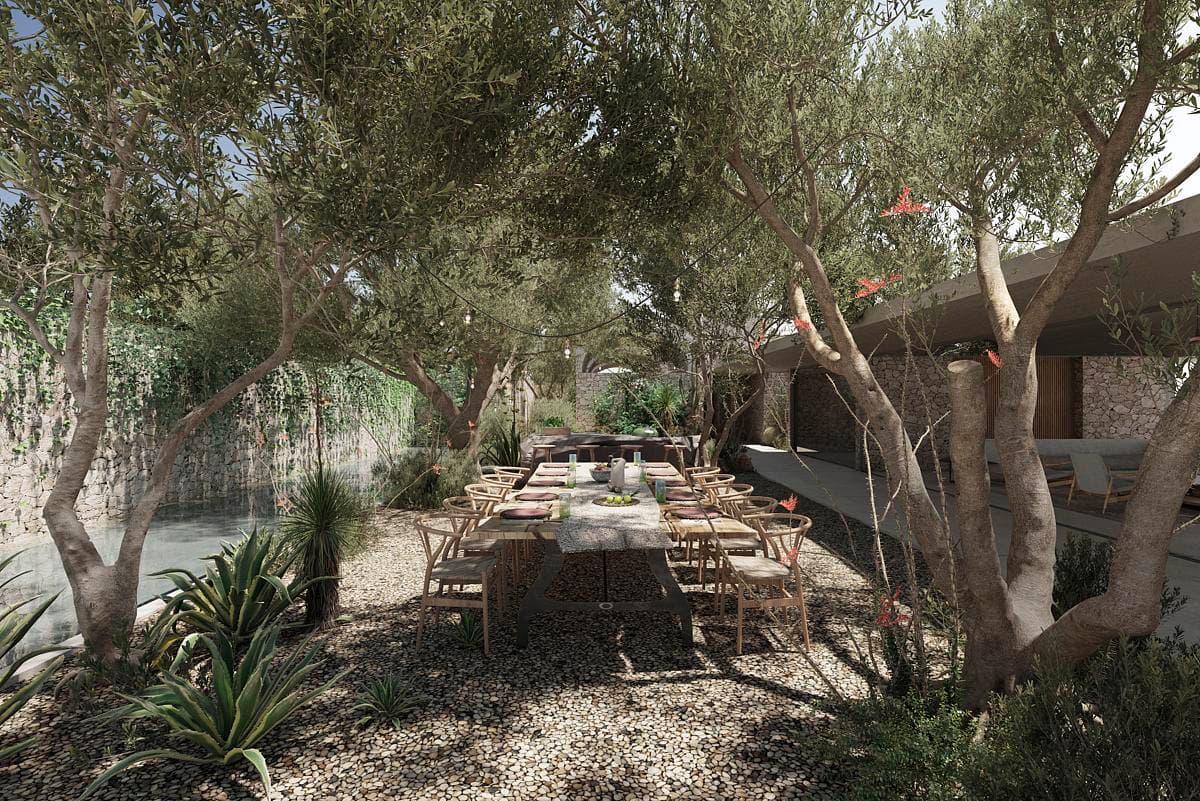 Concept visualisation: an outdoor dining space among trees.