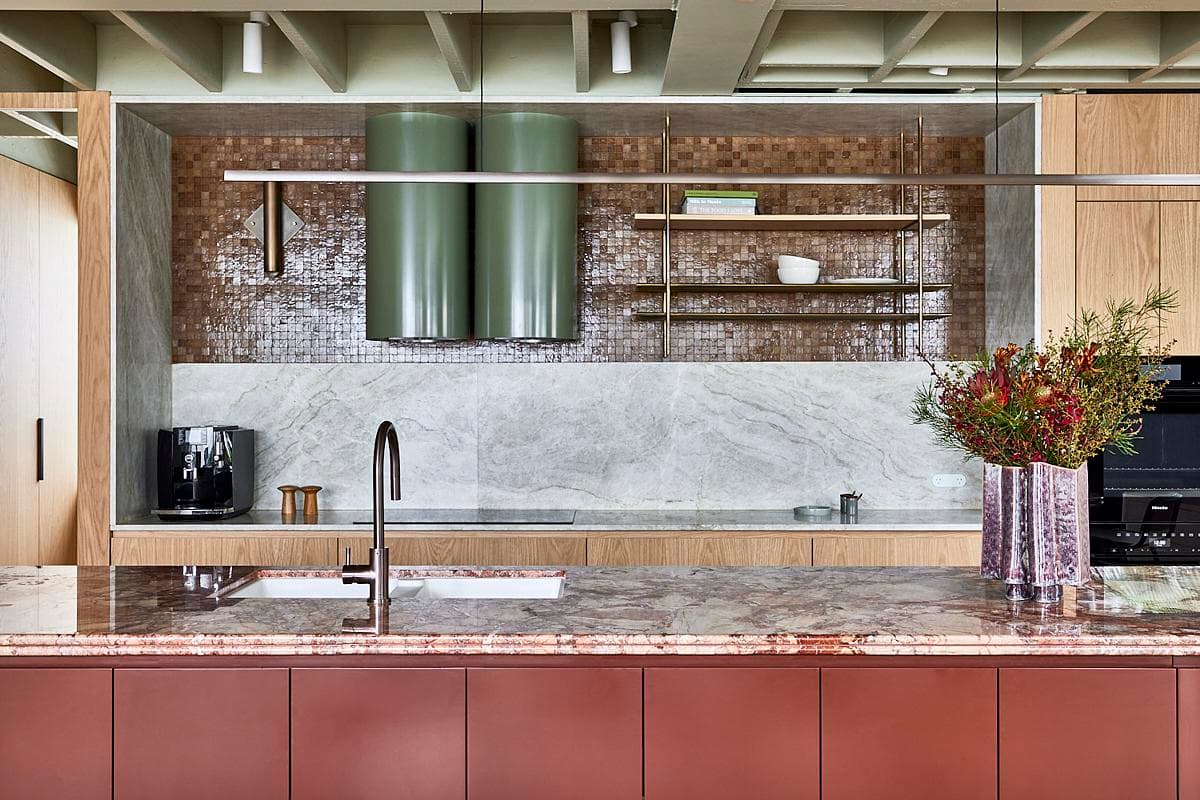 Kitchen island, red cabinetry and green ceiling