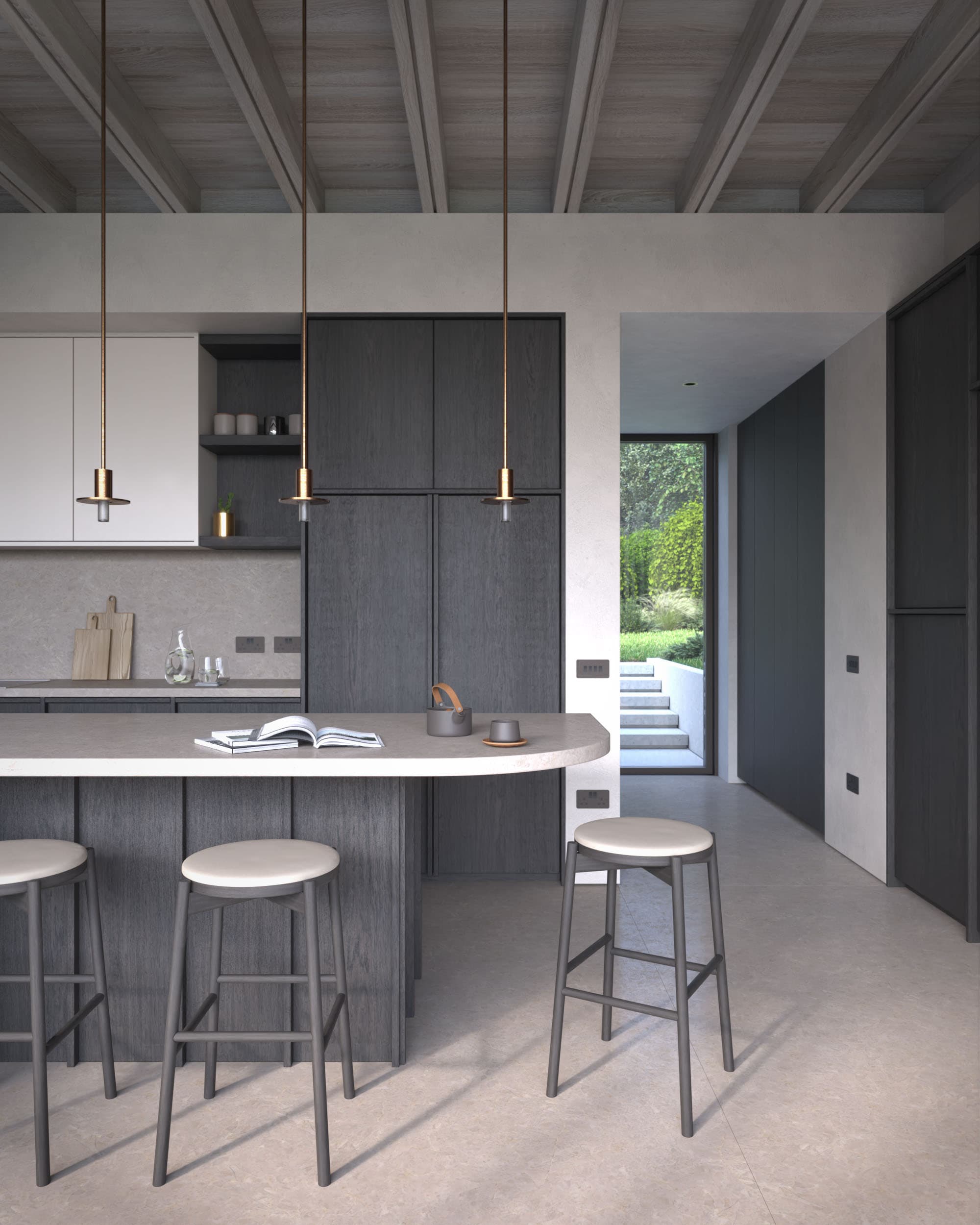 Visualisation of the kitchen and dining space beneath the timber structure