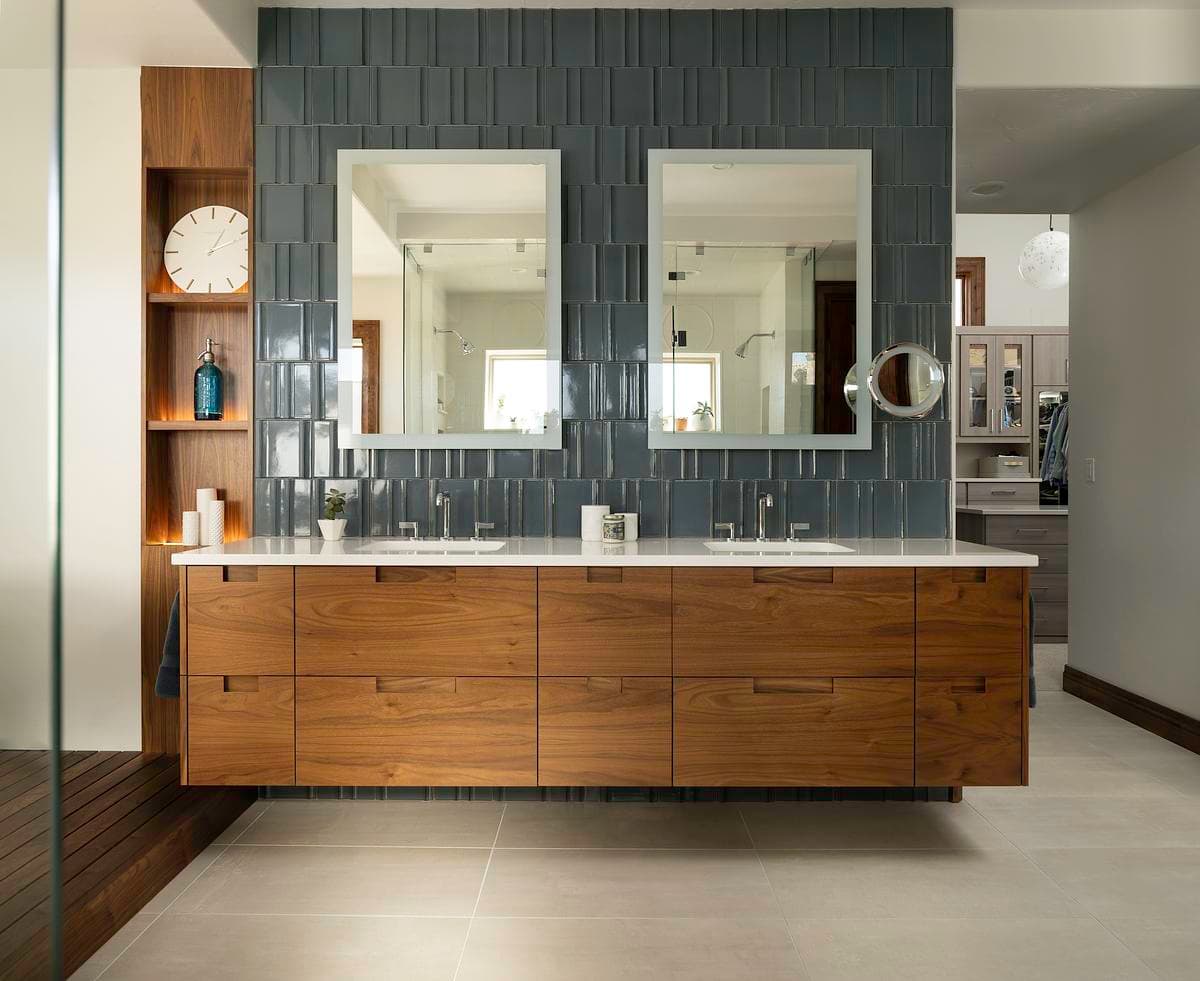 Twin-basin bathroom vanity with glazed wall tiles