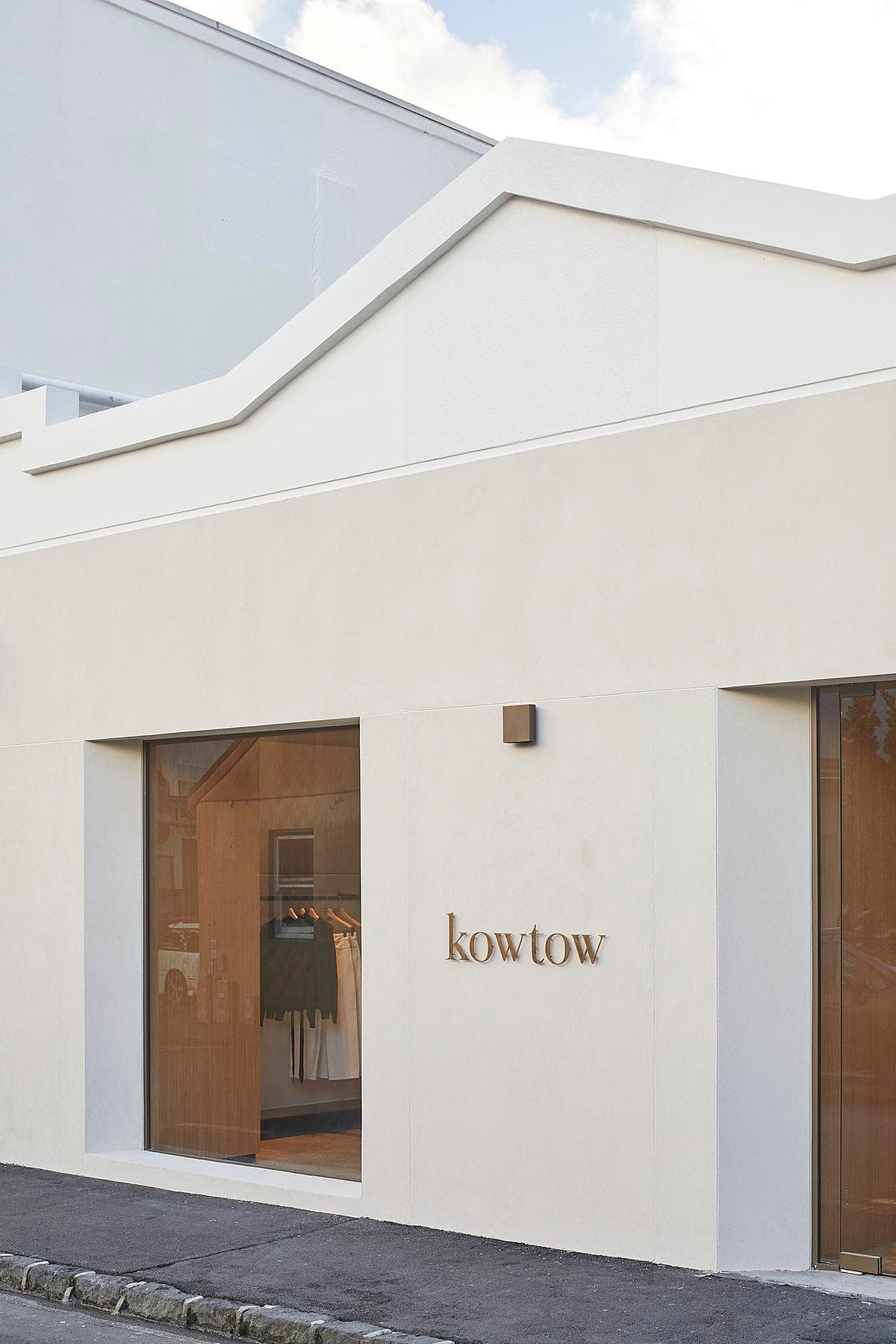 White plaster frontage at Kowtow Newmarket