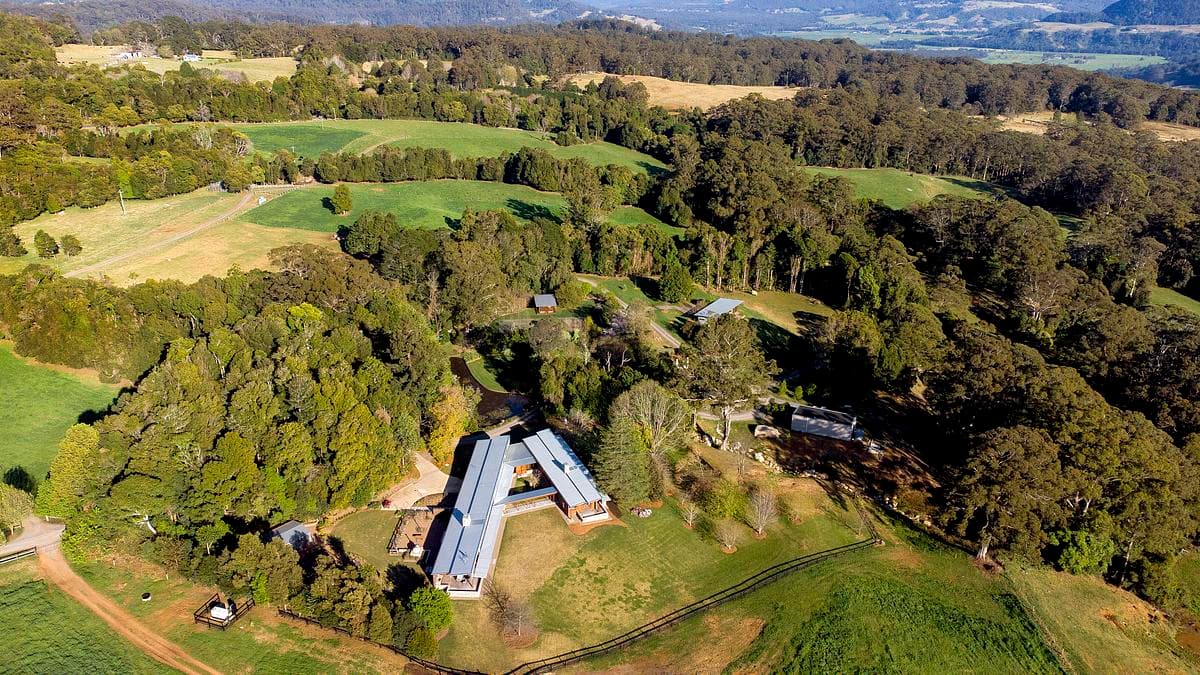 Aerial view of the farmhouse and surrounding gardens at Bellawongarah.