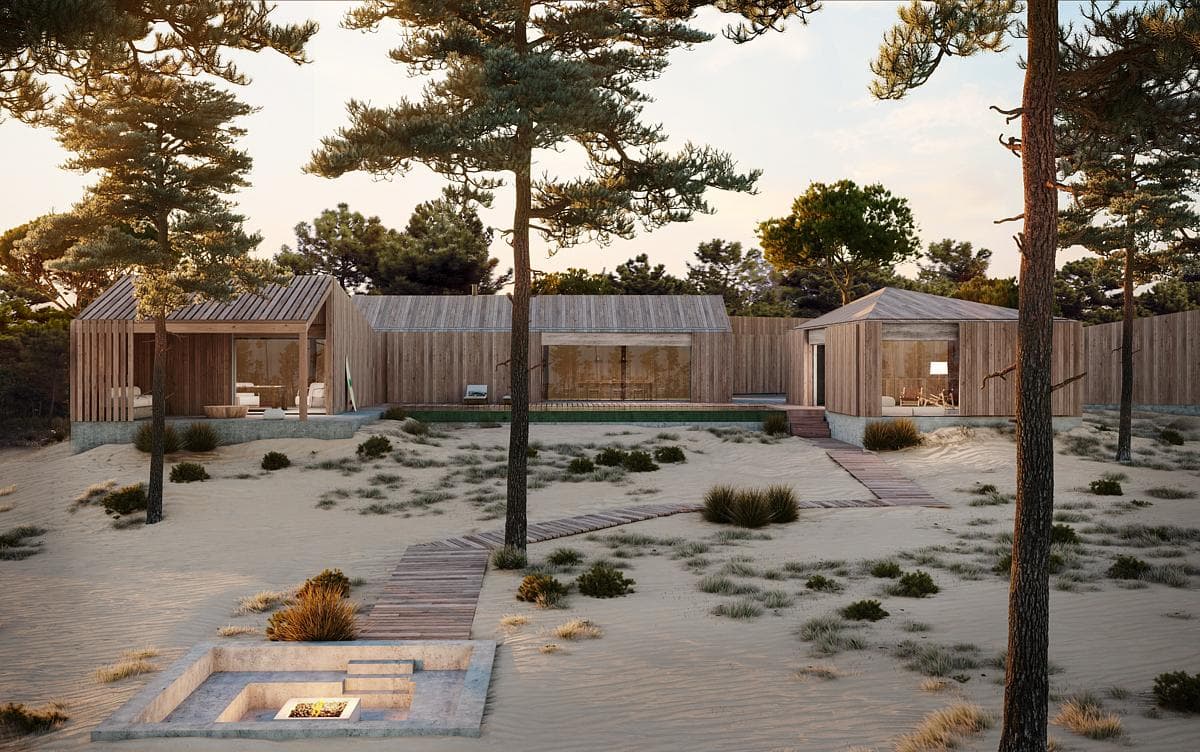 Visualisation of the path through the pines to the sunken fire pit.