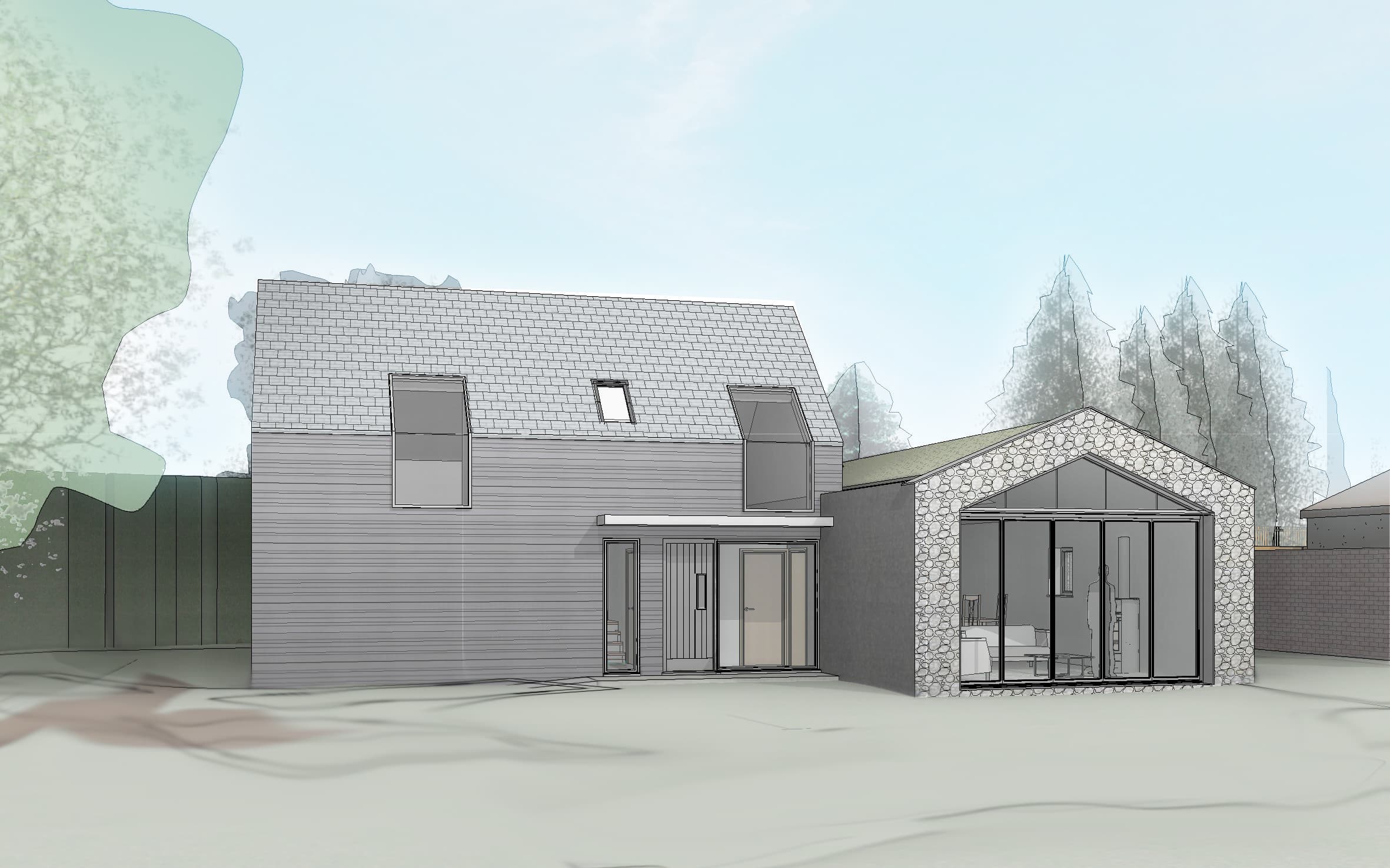 Rendered view of the contemporary barn-inspired house at Laxfield