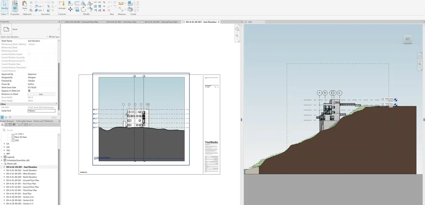 Douglas House section drawing beside its rendered exterior