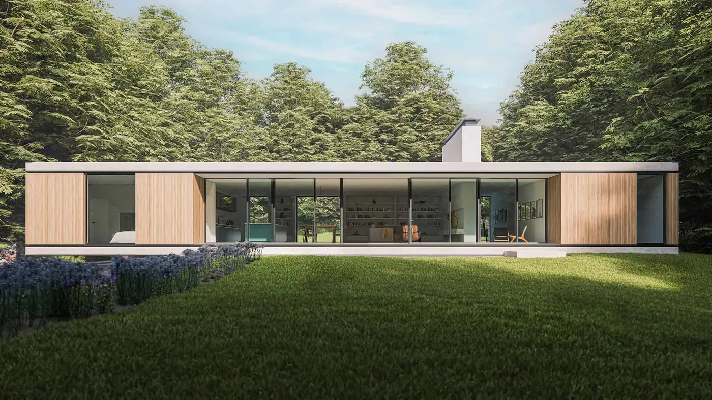 Contemporary house with landscaped lawn rendered in Enscape