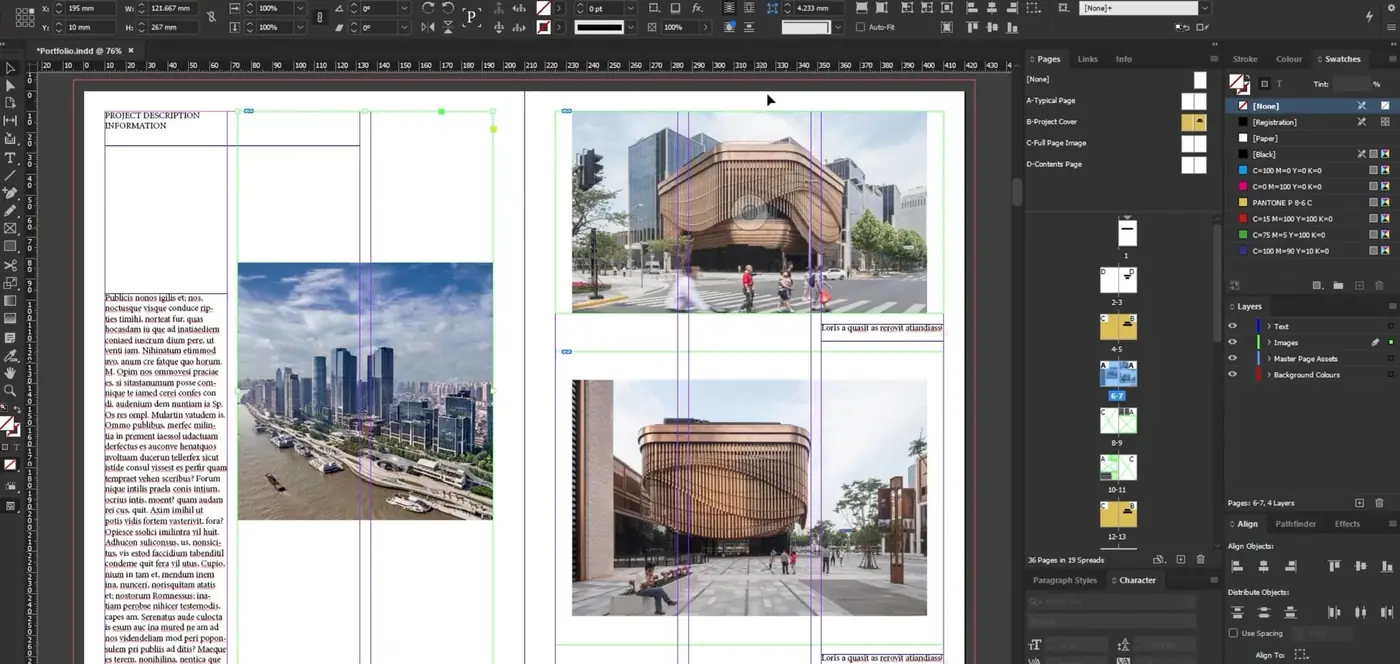 Architecture presentation boards laid out in Adobe InDesign