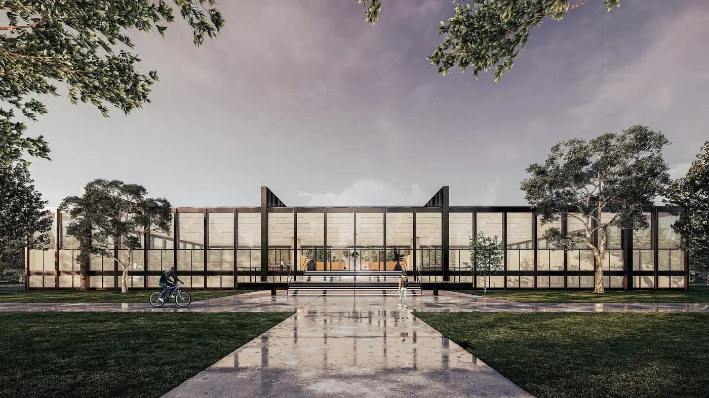 Glass pavilion in a landscaped setting rendered in Lumion
